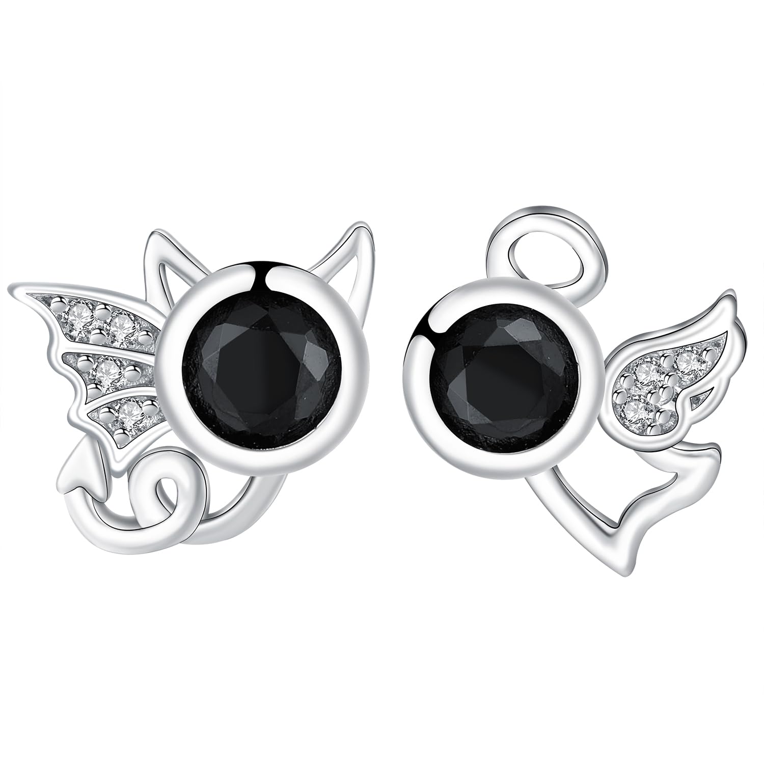 Arrebol Mujer Pendientes Negros Plata de Ley 925 Pendientes de ángel y diablo, Originales Regalos para Mujeres Hermanas Amigos Niñas