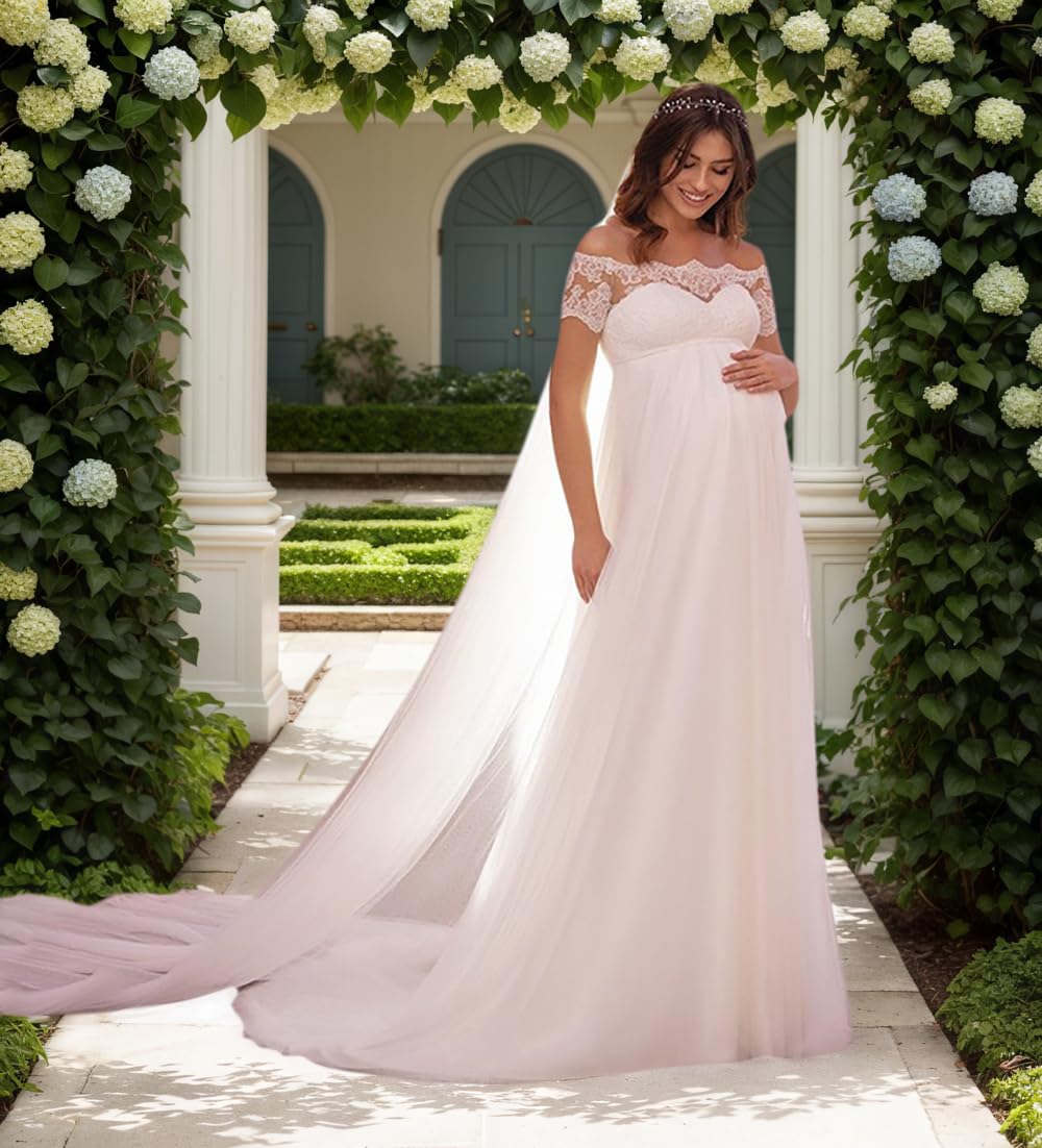 A-Linie Umstandsbrautkleid Chiffon Lang Brautkleider Hochzeitskleider mit Spitze Babyparty Fotoshooting Kleid