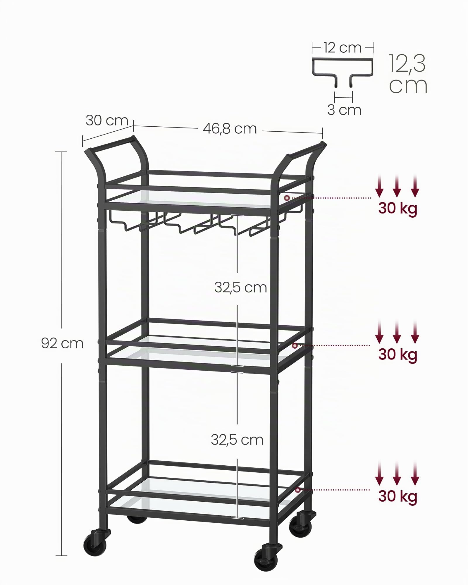 VASAGLE Carrello Cucina a 3 Ripiani, con Ruote, Vetro a Specchio, Maniglia | Carrello Portavivande Salvaspazio, per Piccoli Spazi, Sala da Pranzo, Bagno, Salotto, Nero, Collezione BARIS LRC091B62