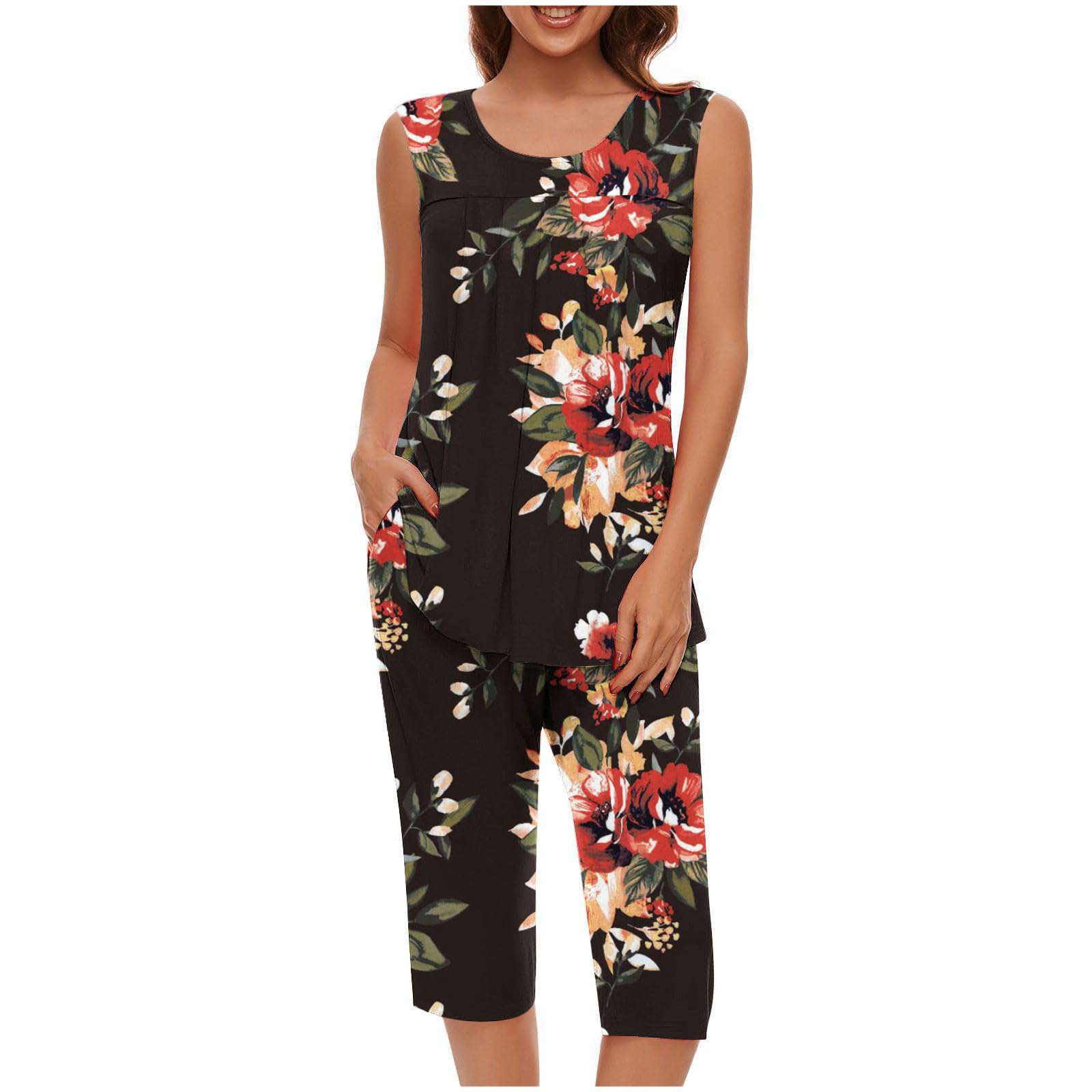 Pajama Sets for Women Summer Plus Size Lounge Sleepwear Loose Sleeveless Tops Printed Bermuda Shorts with Pockets — view 9
