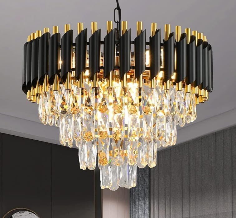 Image of One94Store Modern Crystal Chandelier Ceiling Light 500mm, Tricolour LED (Warm, Cool & Natural White), Luxury Black & Gold Decorative Jhumar for Living Room, Dining Hall & Bedroom
