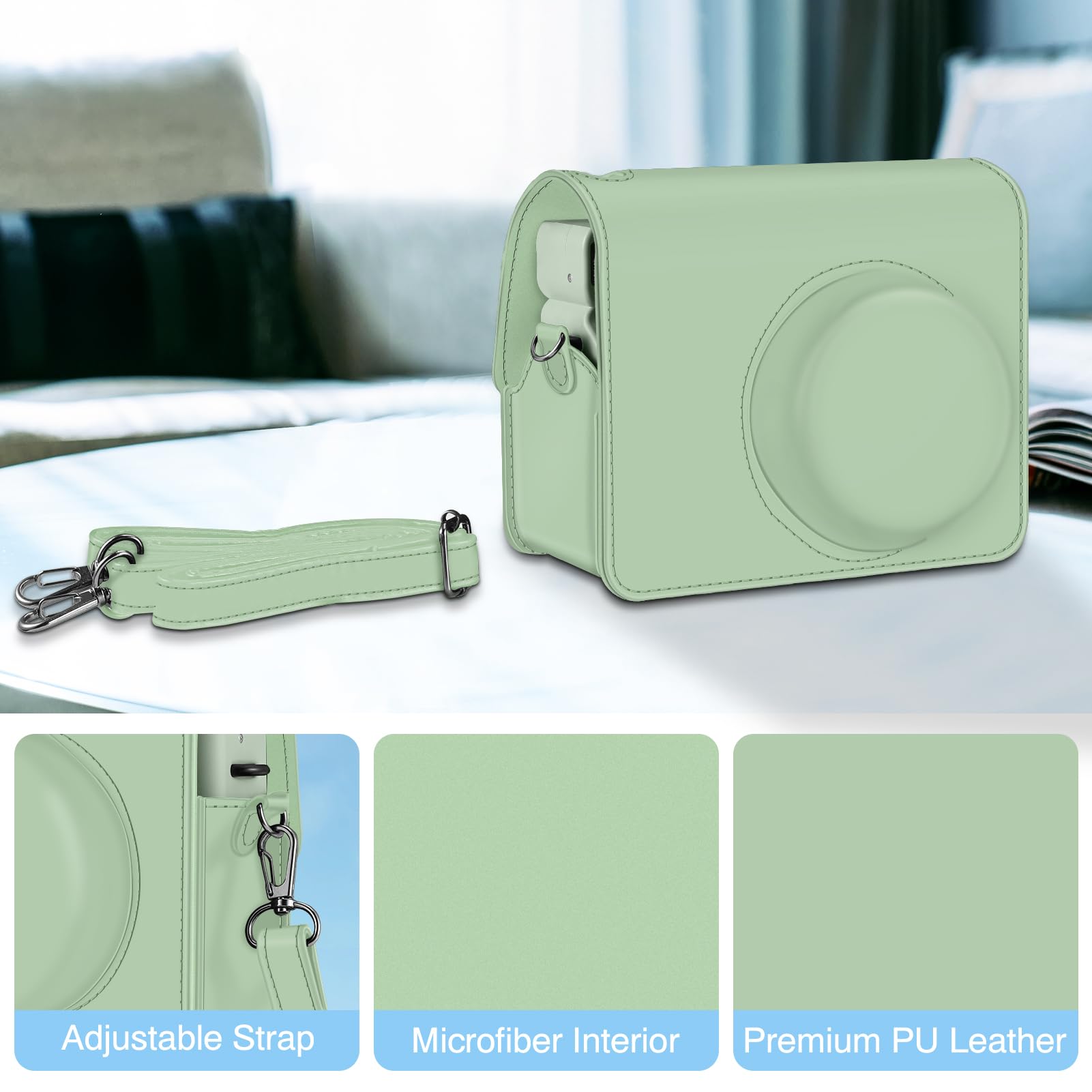 FINTIE Custodia Protettiva per Fujifilm Instax Wide 400 Fotocamera Istantanea - Borsa Protettiva Case in Similpelle con Tracolla Regolabile, Verde