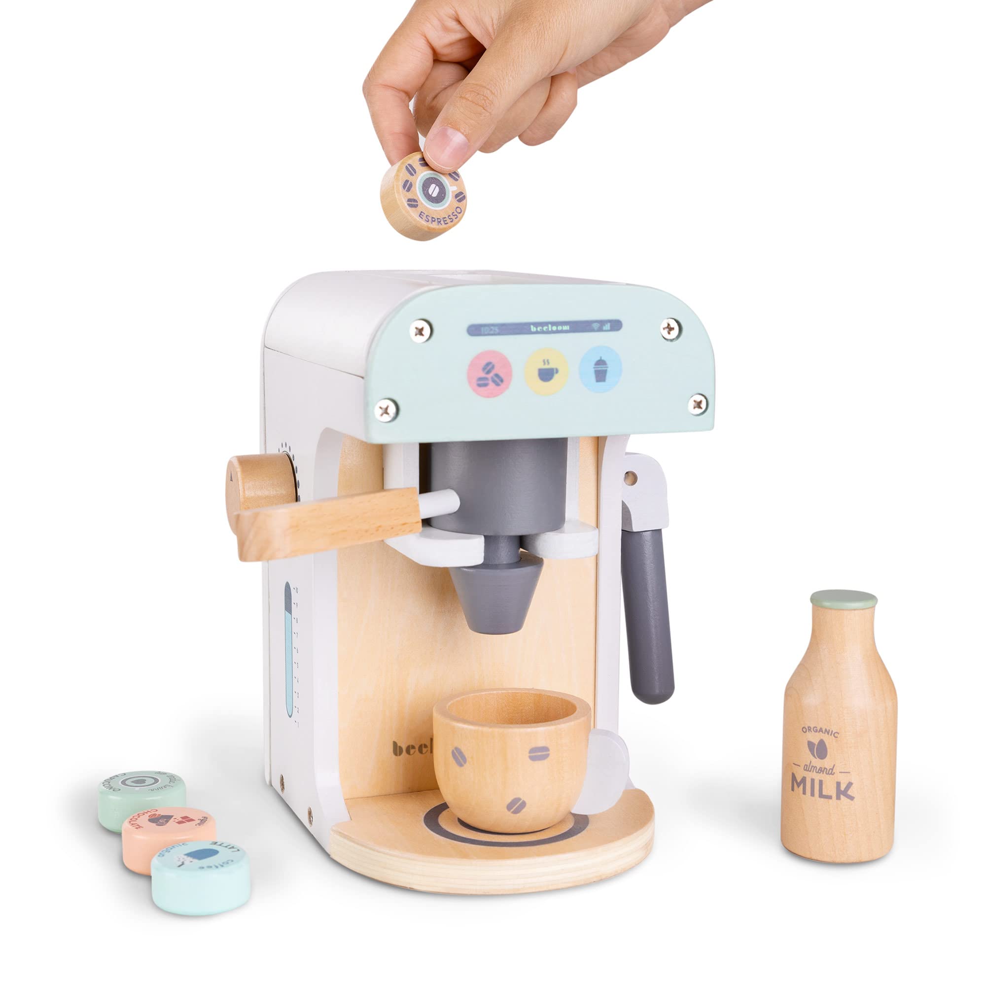 Beeloom - Cafetera de Madera Natural de Juguete Infantil, Lalapresso, Set Juego simbólico para niños y bebés, cápsulas Accesorios