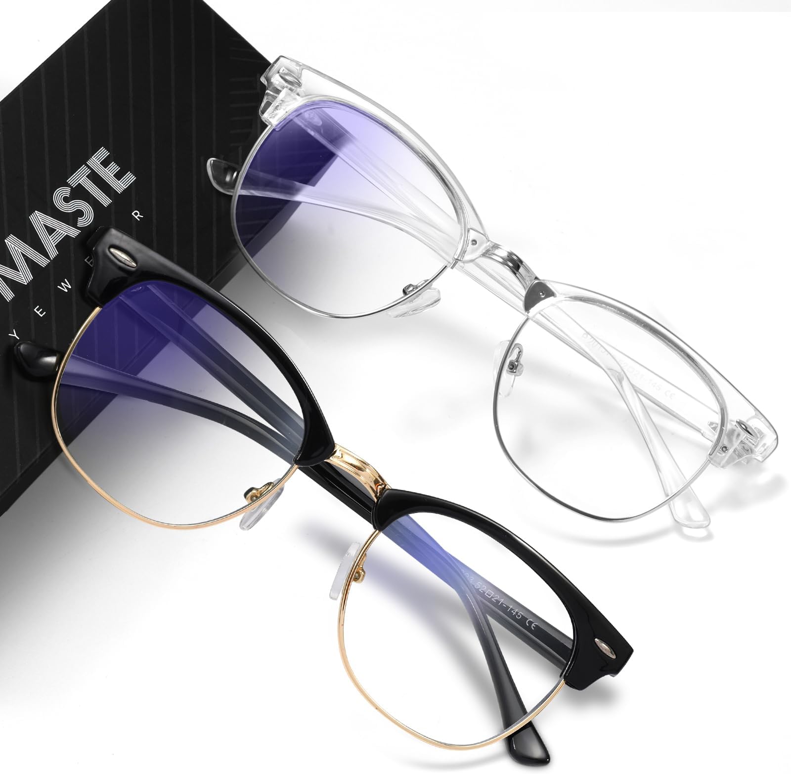 Blue Light Blocking Glasses Vintage Half Frame UV Clear Lens Anti Eyestrain Computer Gaming Glasses for Women Men (E-black Gold +crystal Silver)