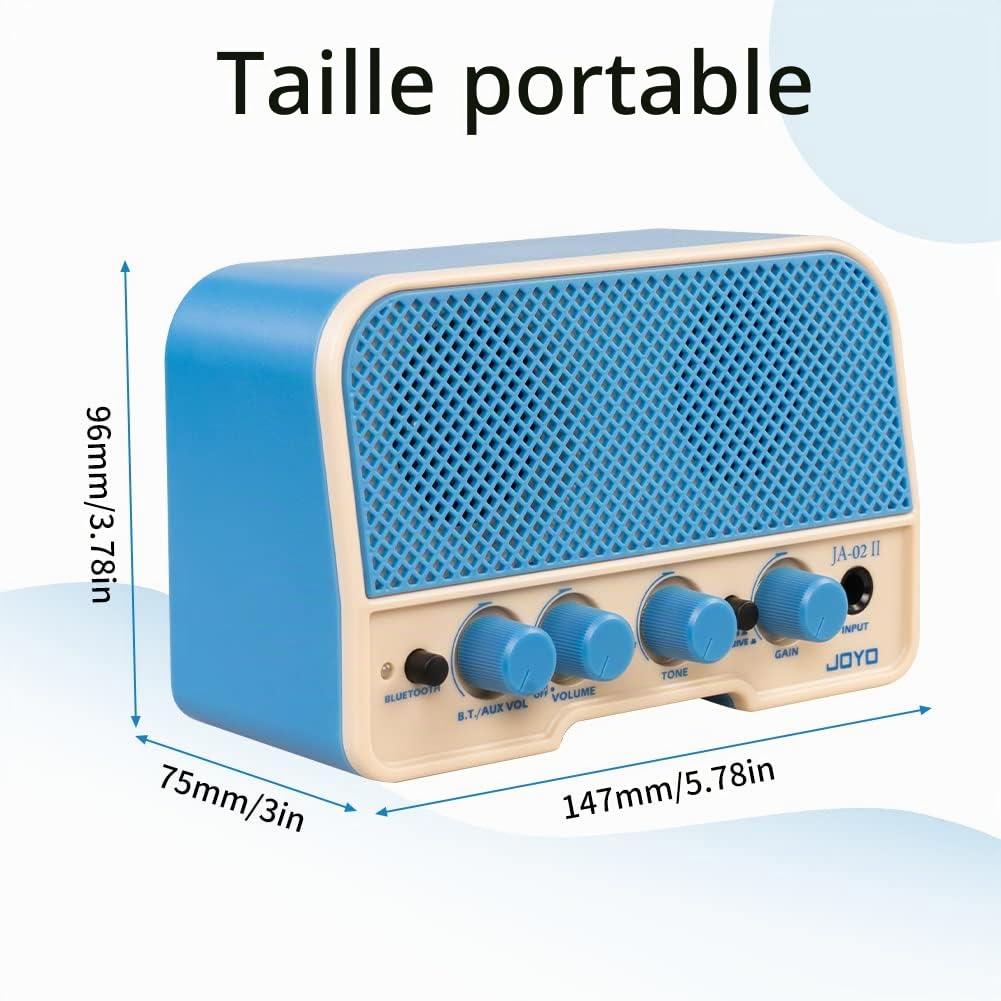 JOYO Mini Amplificateur Combo Guitare 5W Bluetooth Rechargeable - pour Entraînement avec Casque, Canaux Clean & Overdrive (JA-02 II Bleu)
