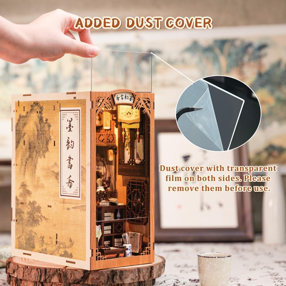 CUTEBEE fai da te Book Nook Kit con coperchio antipolvere,fai da te in miniatura casa delle bambole Booknook Bookshelf Insert Bookend Stand Modello Build Kit con luce LED (Ink Rhyme Bookstore)