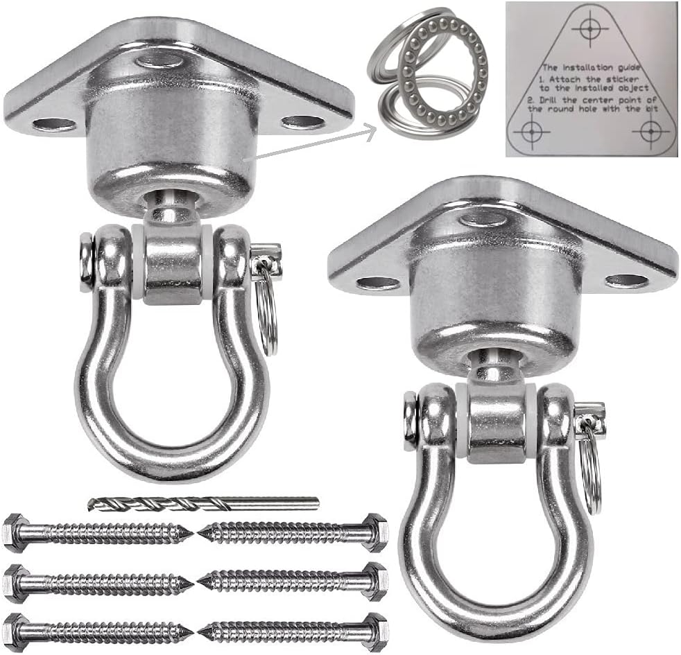 9M 2 Sets of Bearing Smooth Rotary Stainless Steel Hanger, Heavy Duty 180°+360° Rotary Swing Swing Hook, 1500 lb Capacity Wooden Concrete Playground Yoga Hammock Chair Rope Punch Bag Porch Swing Set