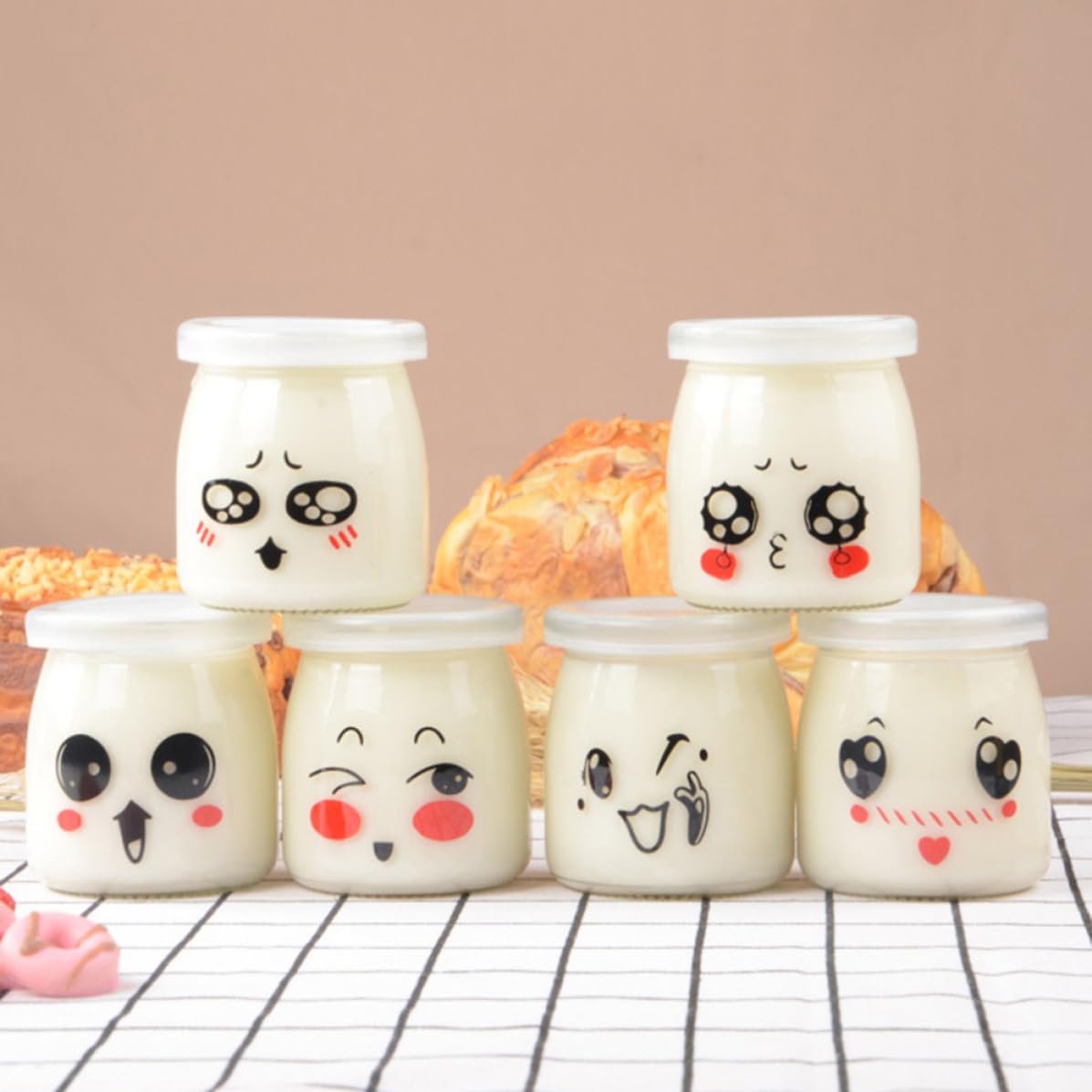 SOLUSTRE 10pièces Lot de Bocaux Verre pour Yaourt et Pudding Résistant Chaleur Motifs Visages Cartoon Aléatoires Pots de Dessert Pratiques et Durables Plusieurs styles