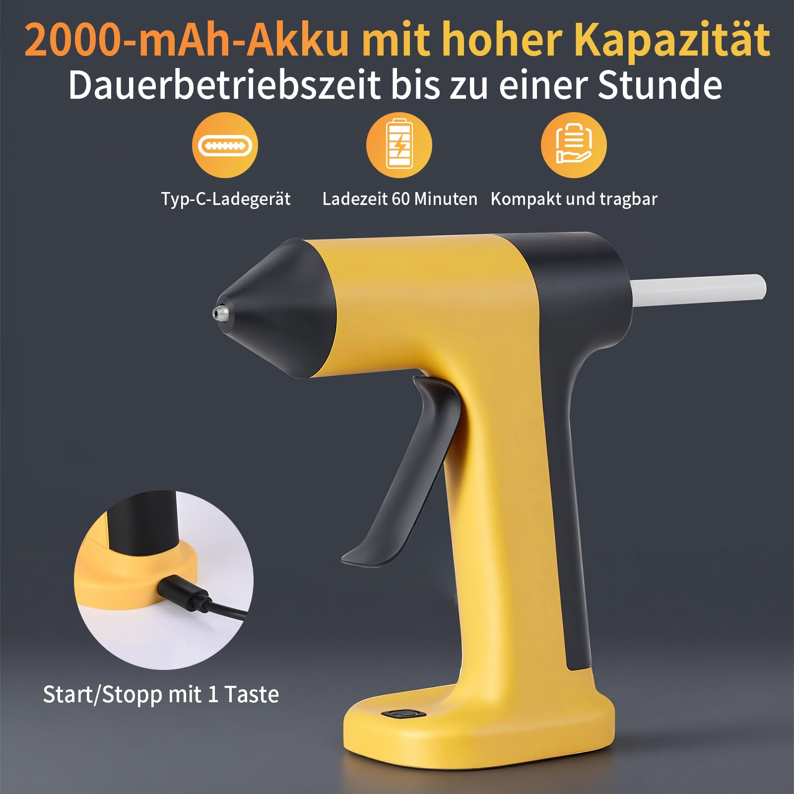 Heißklebepistole Akku 2000mAh, Heißklebepistole Kabellos mit 20 Klebesticks 7 mm x 130 mm, 60 Min. Laufzeit, Klebepistole Akku für Schule, Heimwerken, und Reparaturen im Haushalt