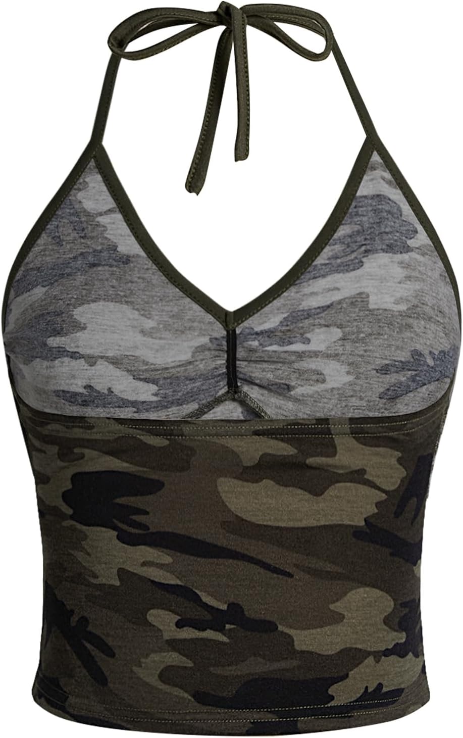 COZYEASE Women's Camo Print V Neck Sleeveless Crop Tops Casual Ruched Backless Halter Tops - Image 2