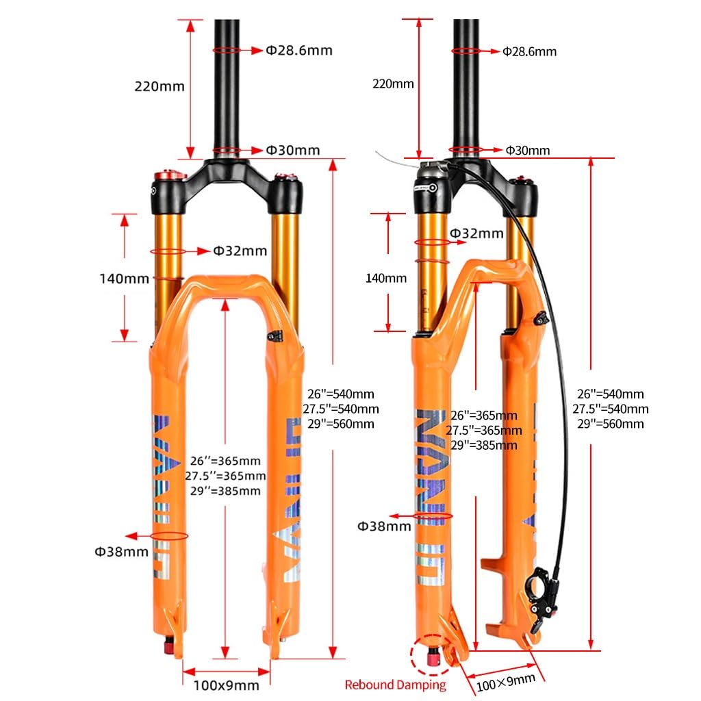 Forcella per bici da 26 27,5 29 pollici, sospensione pneumatica dritta da 1-1/8", freno a disco anteriore da 140 mm, sgancio rapido da 9 x 100 mm, regolazione dell'ammortizzazione manuale/remoto (dri