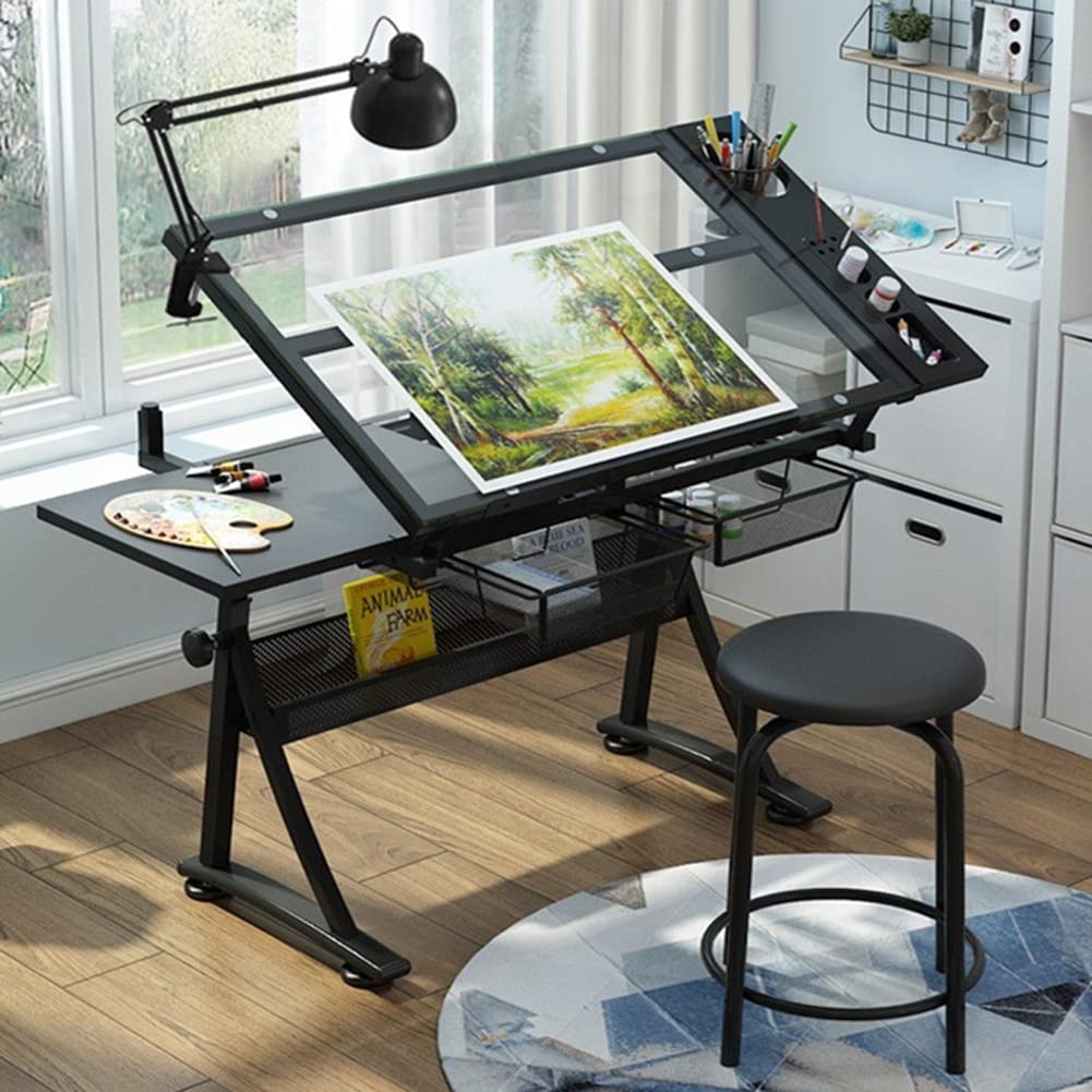Scrivania da Disegno Regolabile in Altezza, Piano in Vetro, Tavolo da Lavoro inclinabile con Contenitore, Grande scrivania Artistica, per Ufficio Domestico.