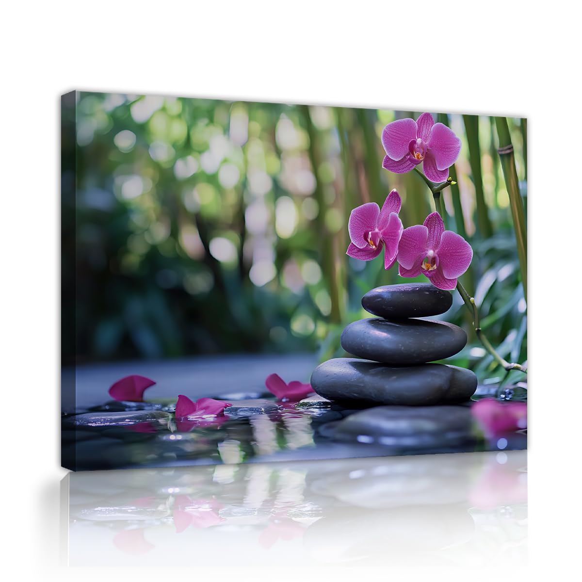 TOANGWALL Purple Orchid Flower Canvas Painting Stacked Zen Stones Poster Tropical Bamboo Forest Picture Wellness Spa Wall Art Living Room Bedroom Bathroom Hotel Calm Nature Decoration 80x95cm