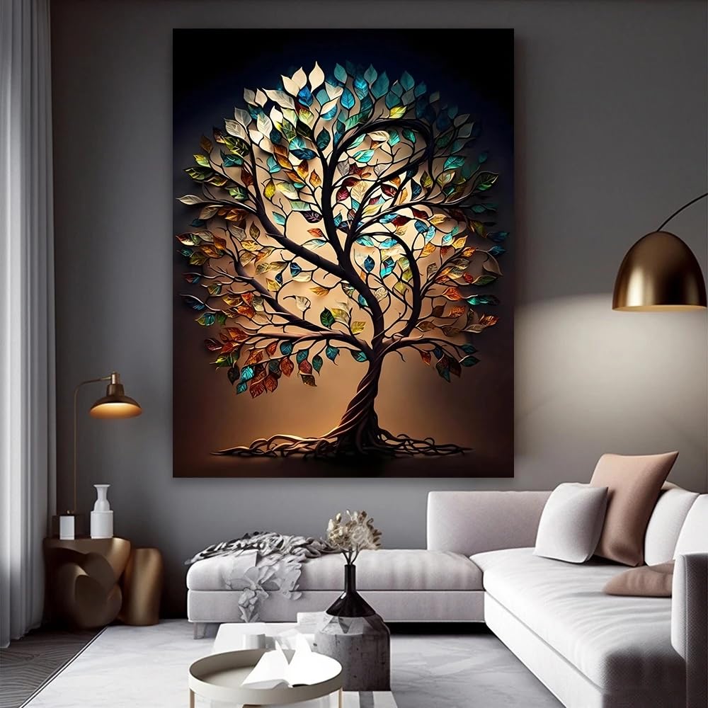 Cuadro en lienzo con diseño de árbol de la vida, arte de pared moderno, póster con hojas de árbol, obra de arte impresa, decoración de pared para el hogar y la sala de estar (60 x 90 cm, lienzo envuelto)