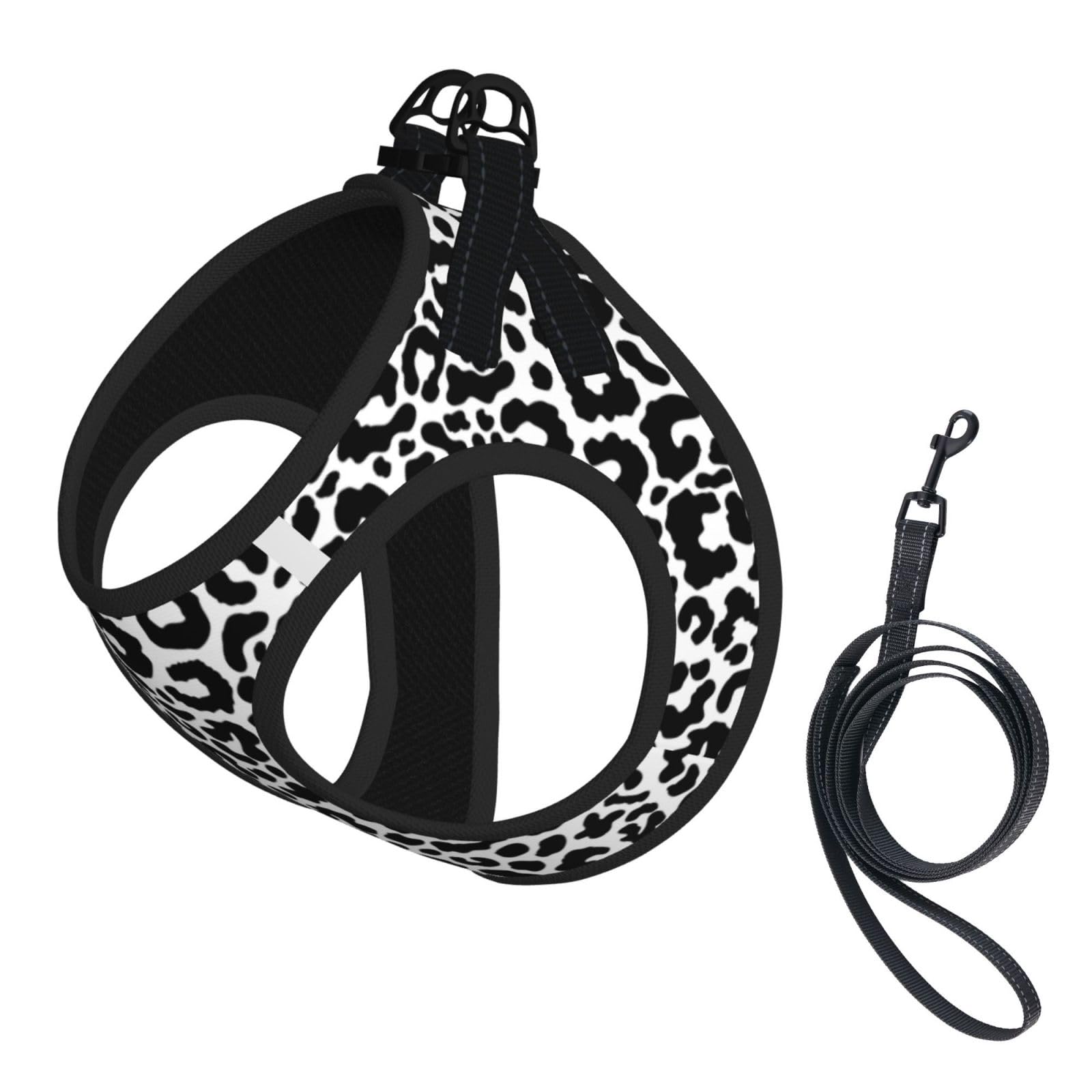 Arnés Tipo Chaleco Reflectante para Perros pequeños con Estampado de Piel de Leopardo Blanco y Negro, sin tirones, con Correa y a Prueba de Escapes. Talla Mediana.