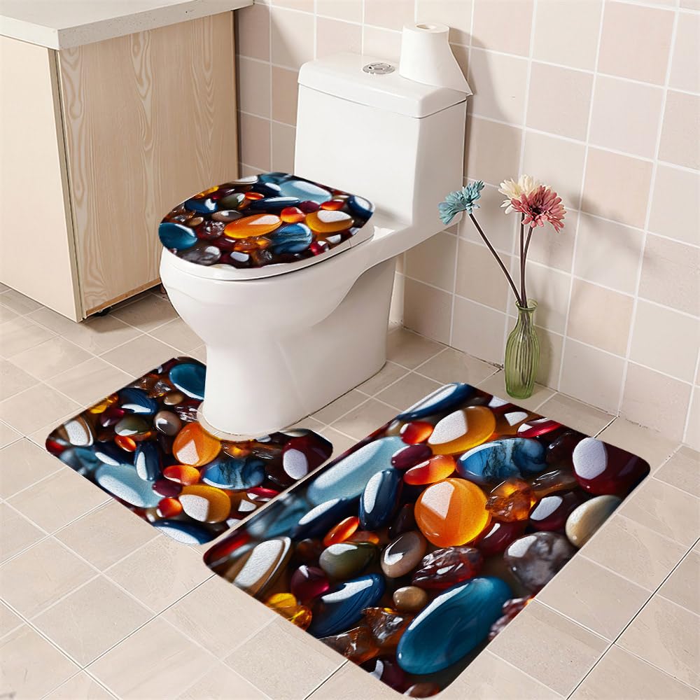 WUASDCS 3PCS Colorful Stones Bath Mat Set Pebbles Rock in The River Peaceful Place Natural Bathroom Kitchen Floor Mat Doormat,Toilet Lid Cover and Bath Mat Microfiber Home Decoration Rug