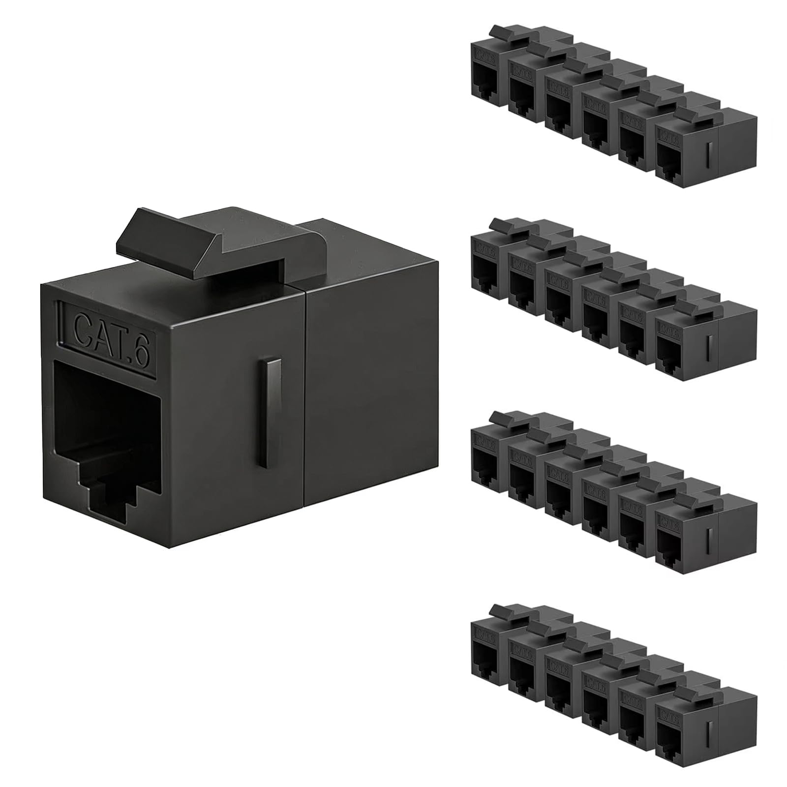 Cat6 RJ45 Keystone łącznik 25 sztuk, łącznik Ethernet żeński do żeńskiego, przedłużacz kabla Ethernet UTP Inline Cat6 Keystone gniazda do płyt ściennych i paneli krosowych, czarny