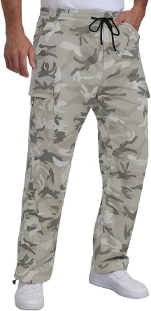 Men Camo Cargo Pants Cuffs Lightweight Relaxed Fit | Casual Hiking Work Pants Outdoor trousers Straight Leg with Elastic Waist Drawstring Multi Pockets