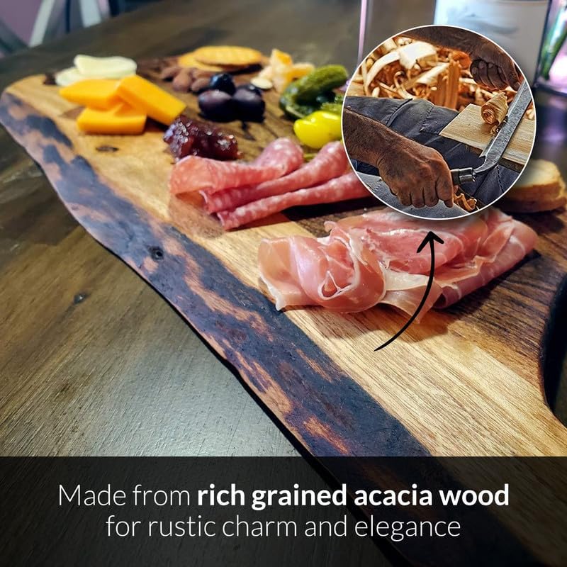 Miniatura 2 de Tabla de embutidos de acacia de borde vivo natural de primera calidad con mango redondo