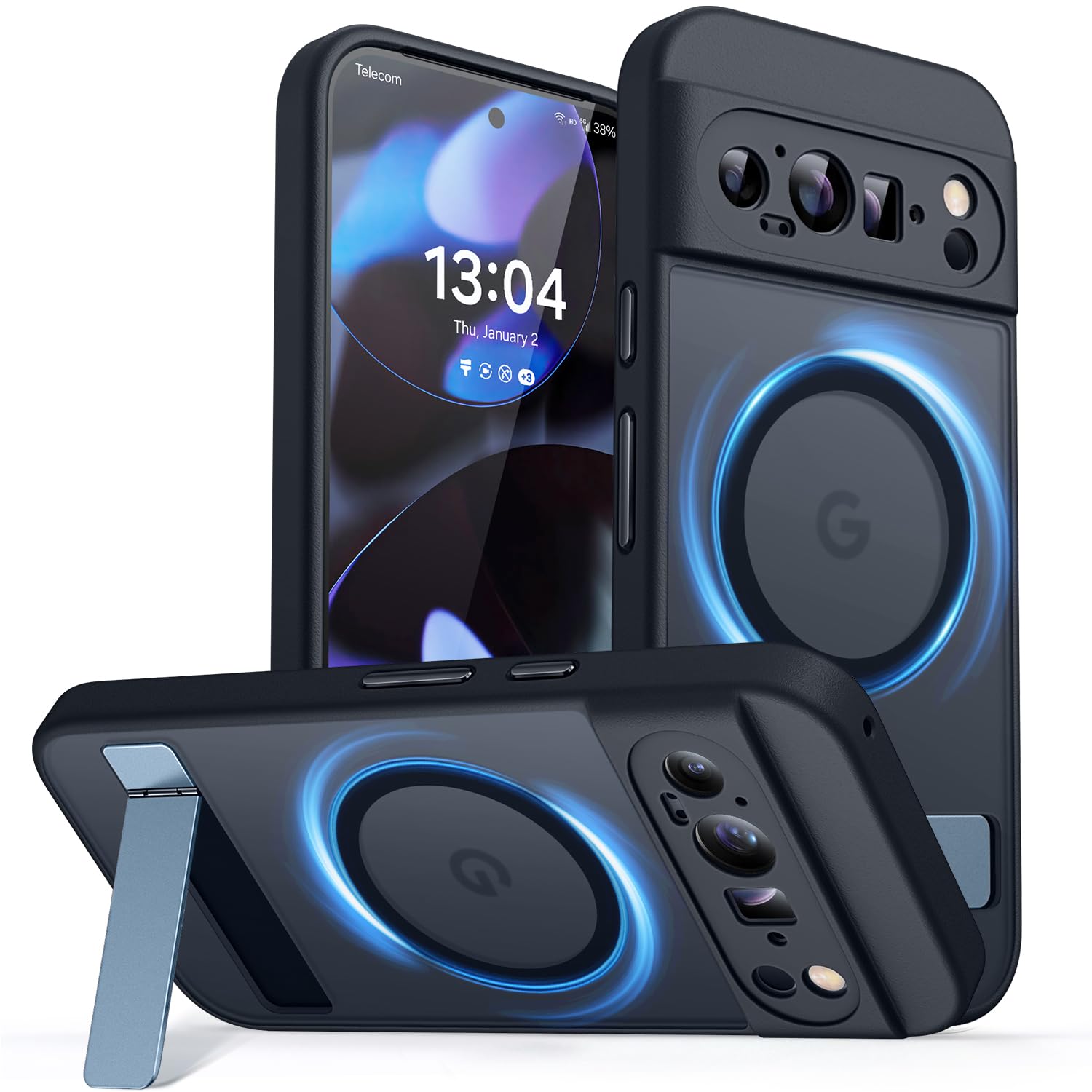 CANSHN Magnetic for Google Pixel 9 Pro Case(6.3") with Durable Metal Stand, Upgraded [Full Camera Protection] Translucent Matte Back, Hard Case Cover, Black