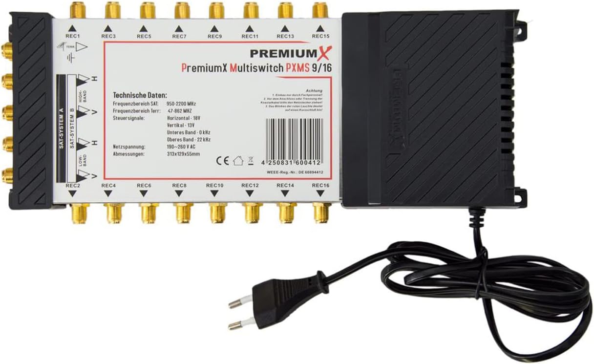 Premium X PXMS 9/16 Multiswitch with Power Supply Multiswitch 2 SAT for 16 Subscribers Satellite Splitter Digital HDTV FullHD 4K UHD 8K