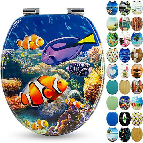 Sanfino® Premium Abattant WC en bois avec frein de chute, qualité supérieure, nombreux motifs colorés, confortable, installation facile, notice de montage incluse – „Nemo'