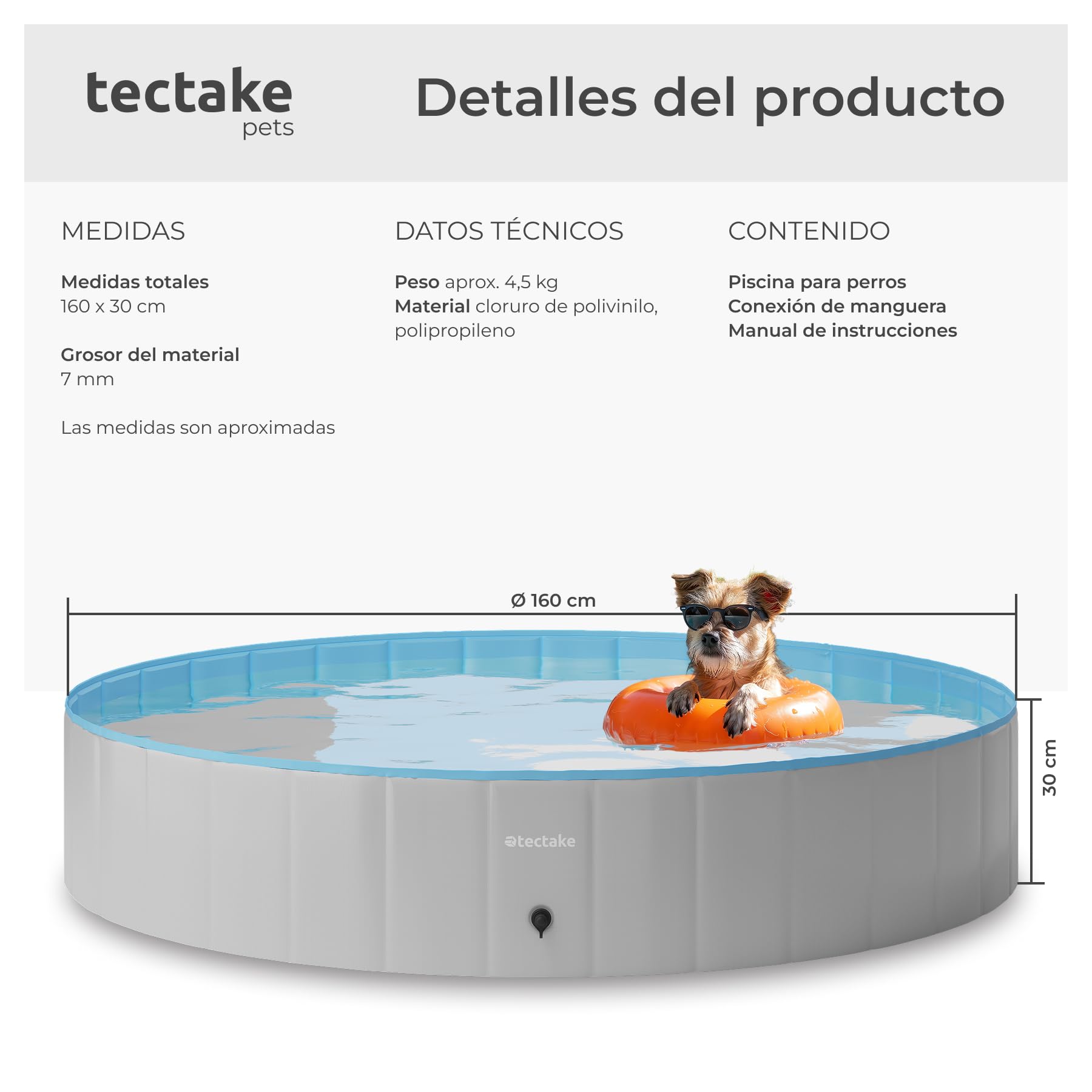 tectake® Piscina Plegable para Perros, Piscina Mascotas, Bañera para Perros, PVC Resistente, Plegable para Gatos, Pet Pool, Bañera Desmontable Antideslizante, Accesorios Perro - 160 cm