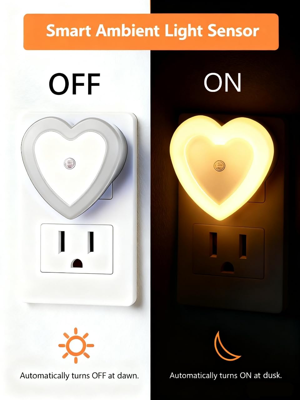 LED-Nachtlichter zum Einstecken (2er-Pack), Dämmerung bis Morgengrauen Sensor, automatisches Ein-/Ausschalten, herzförmiges Nachtlicht 0,5 W für Schlafzimmer, Badezimmer, Kinderzimmer, Flur