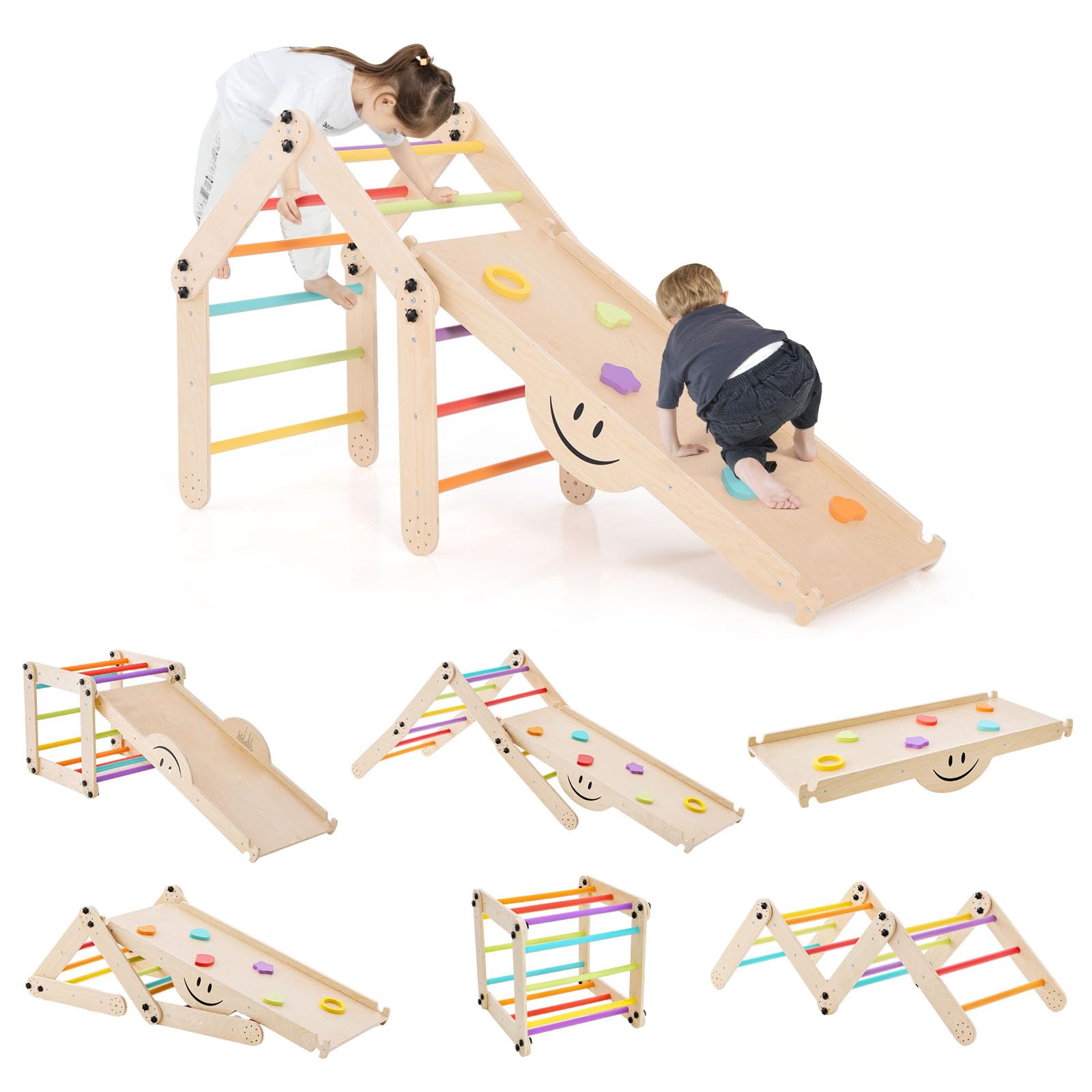HONEY JOY Climbing Toys for Toddlers, 10 in 1 Foldable Wooden Triangle Set, Double Side Ramp & Climber, Seesaw, 2-Piece Learning Indoor Montessori Climbing Ladder Gym for Kids Boys Girls
