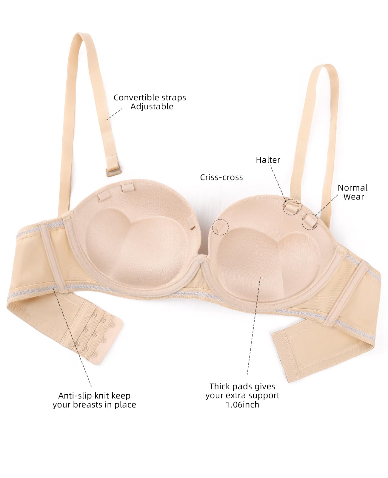 Plusexy Gepolsterter trägerloser Push-Up-BH für Damen, mit Bügeln