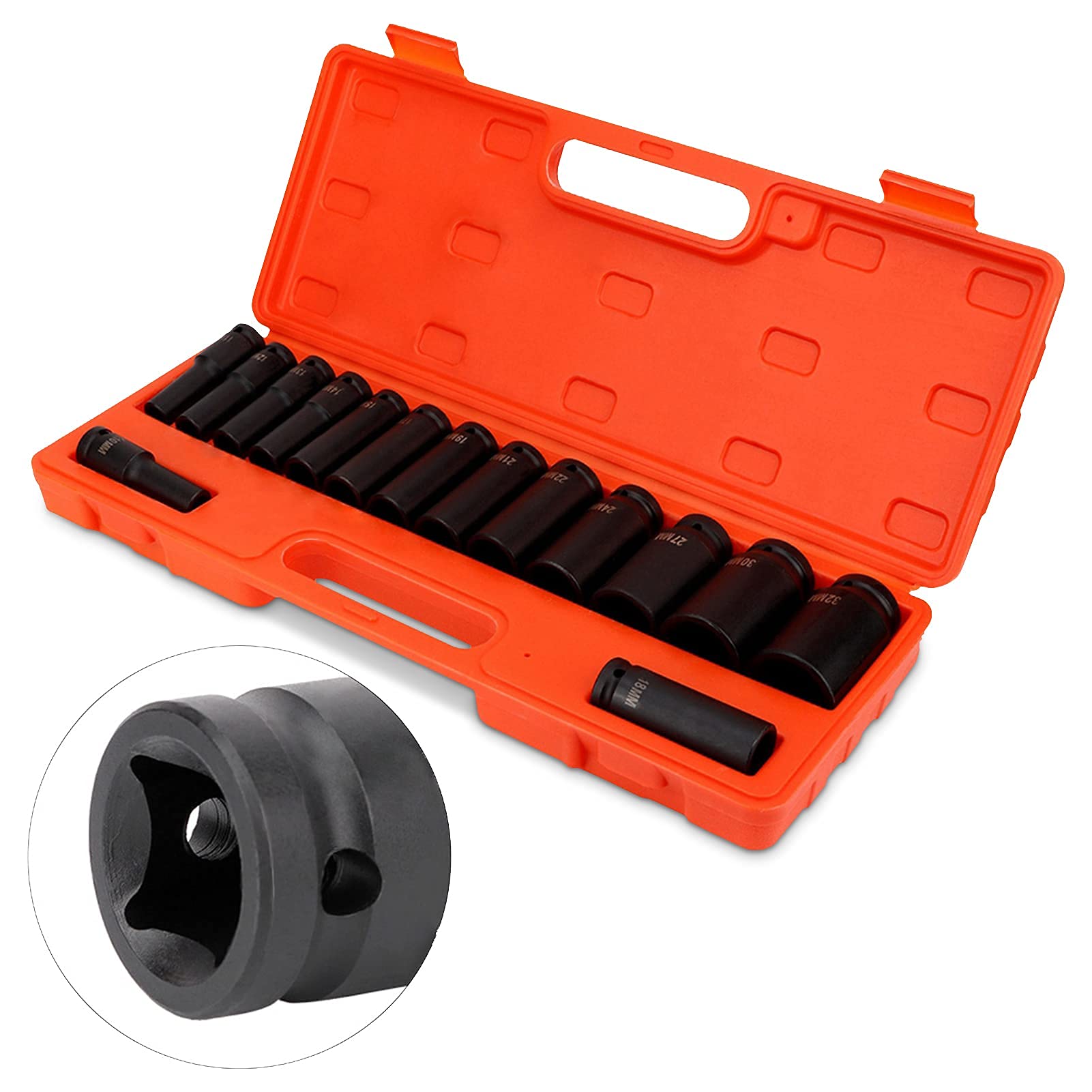 TOPTUL Set di Chiavi a Impulsi, 15 Pezzi, 1/2 Pollici, Bussole a Impatto Profondo in Acciaio al Carbonio 10-32 mm, con Coperchio in Plastica, per Officina