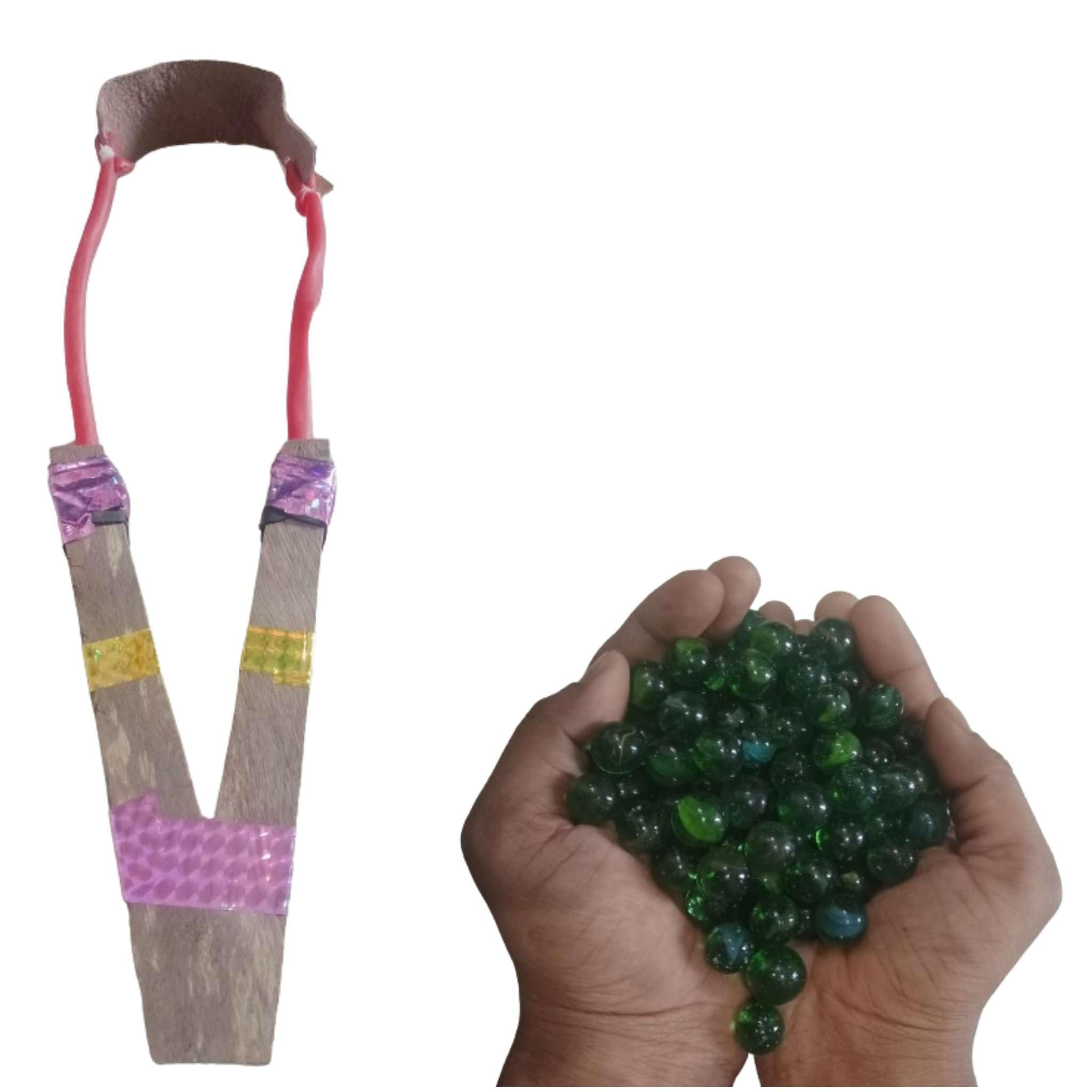 ZOKCY® Combo (1 Wooden Slingshot (Gulel) + 20 kanche (goli marbel) Toy for Kids/Flat Rubber Slingshot Gulel Catapult for Sports/Strong Sling Shot Rubber for Perfect Aim with Strong Grip with goli
