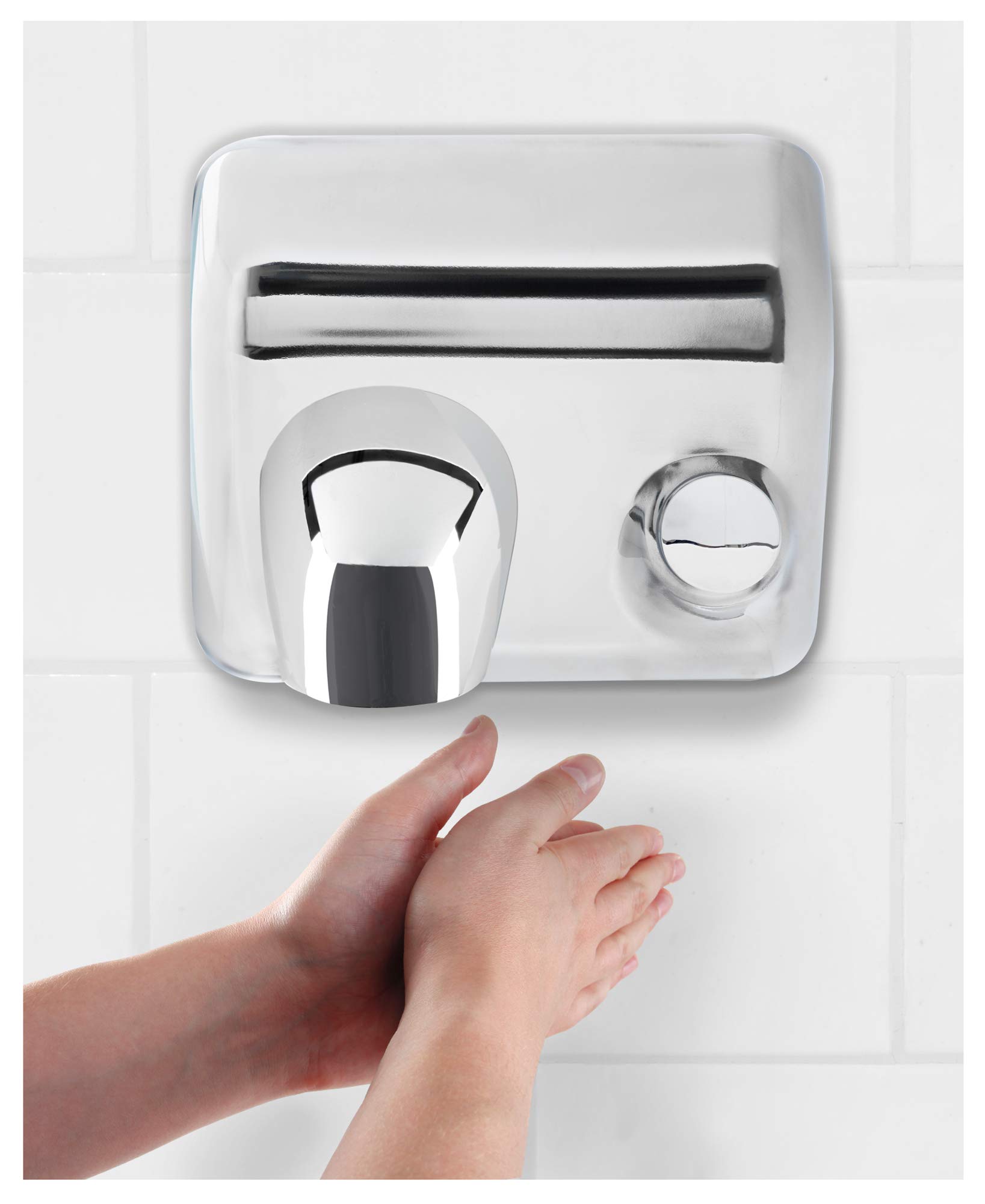 Stagecaptain HD-55 Dryboy Sèche-Mains Mural - Sèche-Mains avec Bouton-Poussoir - Puissance : 2300 Watts - Construction métallique Robuste - Facile à Installer - Gabarit de perçage Inclus - Argenté