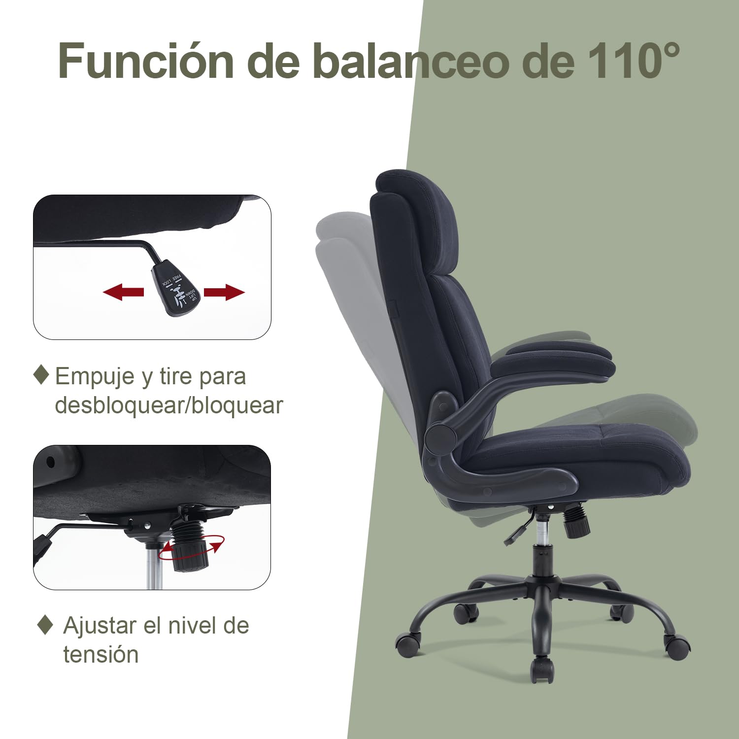 CASTLOVE Silla de oficina ergonómica, silla de escritorio con respaldo, reposabrazos plegable, respaldo alto, altura ajustable, función basculante (silla de oficina, tela, negro, máx. 150 kg)