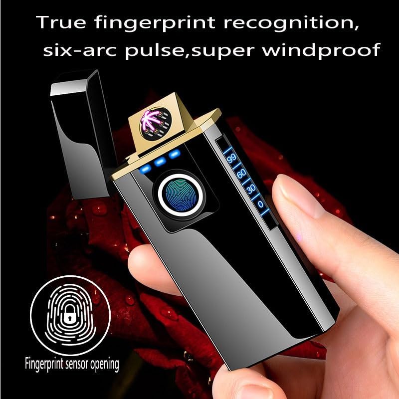Plasma Windproof Lighter, Fingerprint Unlock Ignition Electric Lighter, Rechargeable Electric Lighter, 6 Arc Rechargeable Lighter with Led Power Display, Men'S Gift, Black