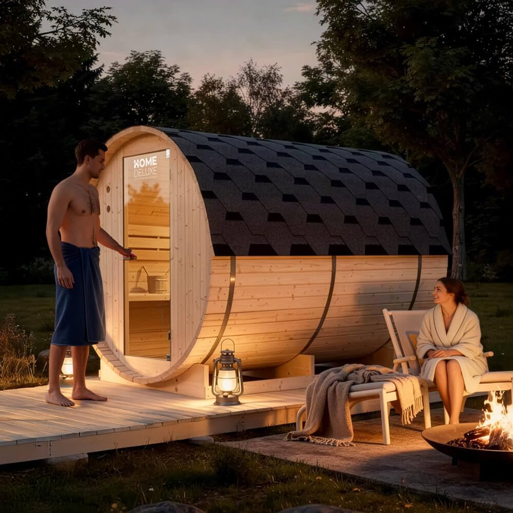 Home Deluxe - Sauna de Barril Lahti XL para Exteriores - Dimensiones: An x Pr x Al: Aprox. 195 cm x 192 cm x 220 cm, Madera: Abeto - Incl. Calefactor de Sauna y Accesorios de Sauna I Sauna de jardín,