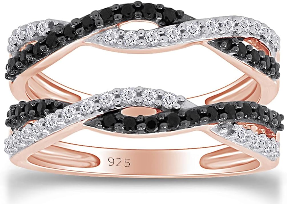 Jewel Zone US Black White Cubic Zirconia Enhancer Guard Engagement Ring in 14k Gold Over Sterling Silver