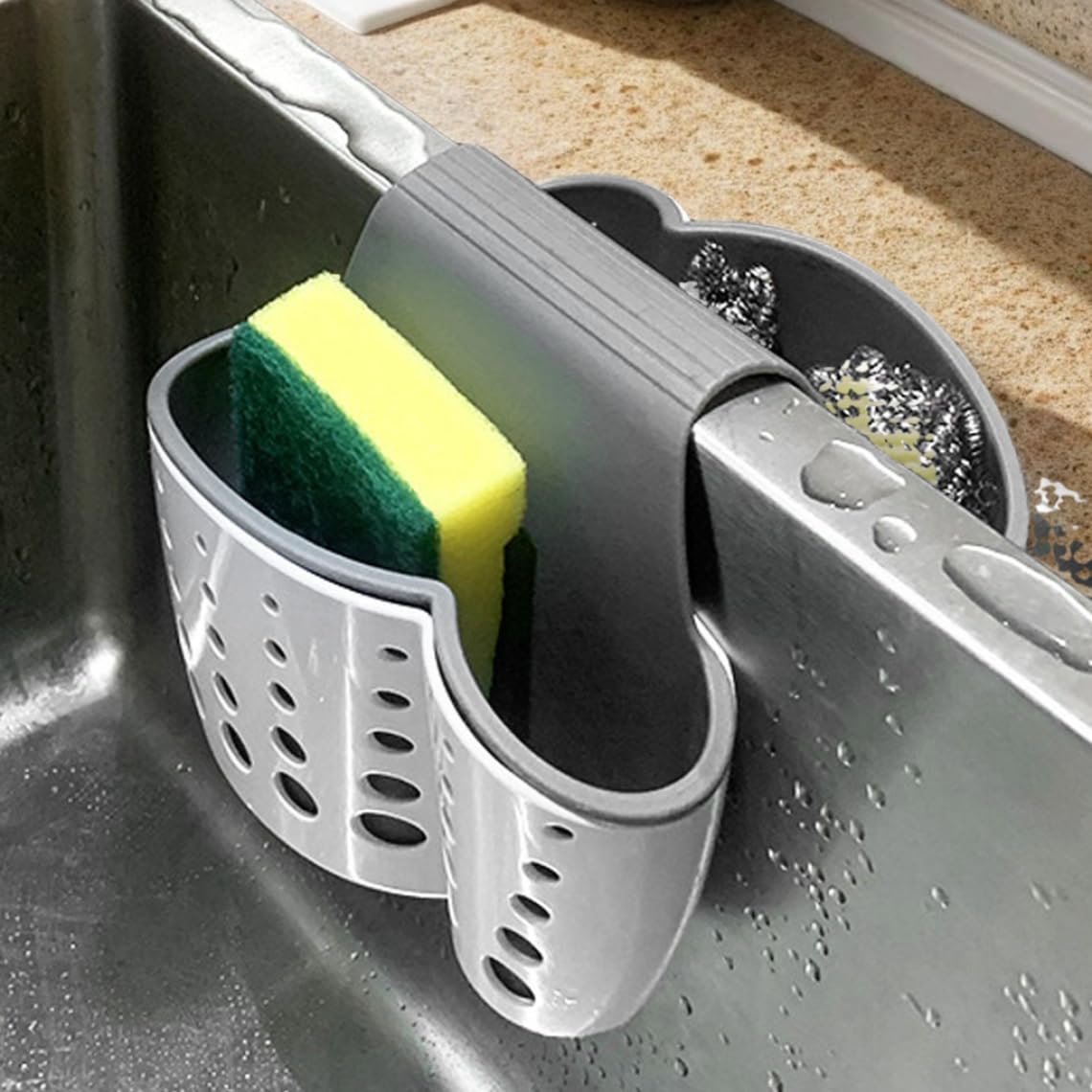 Latemeia 5.7X4.9x5.5 In Sink Sponge Holder Saddle Faucet Sponge Caddy With Drain Hole & 2 Compartments Kitchen Sink Holder For Brushes, Sponges, Soap, Utensils, Caddy For Kitchen, Hol