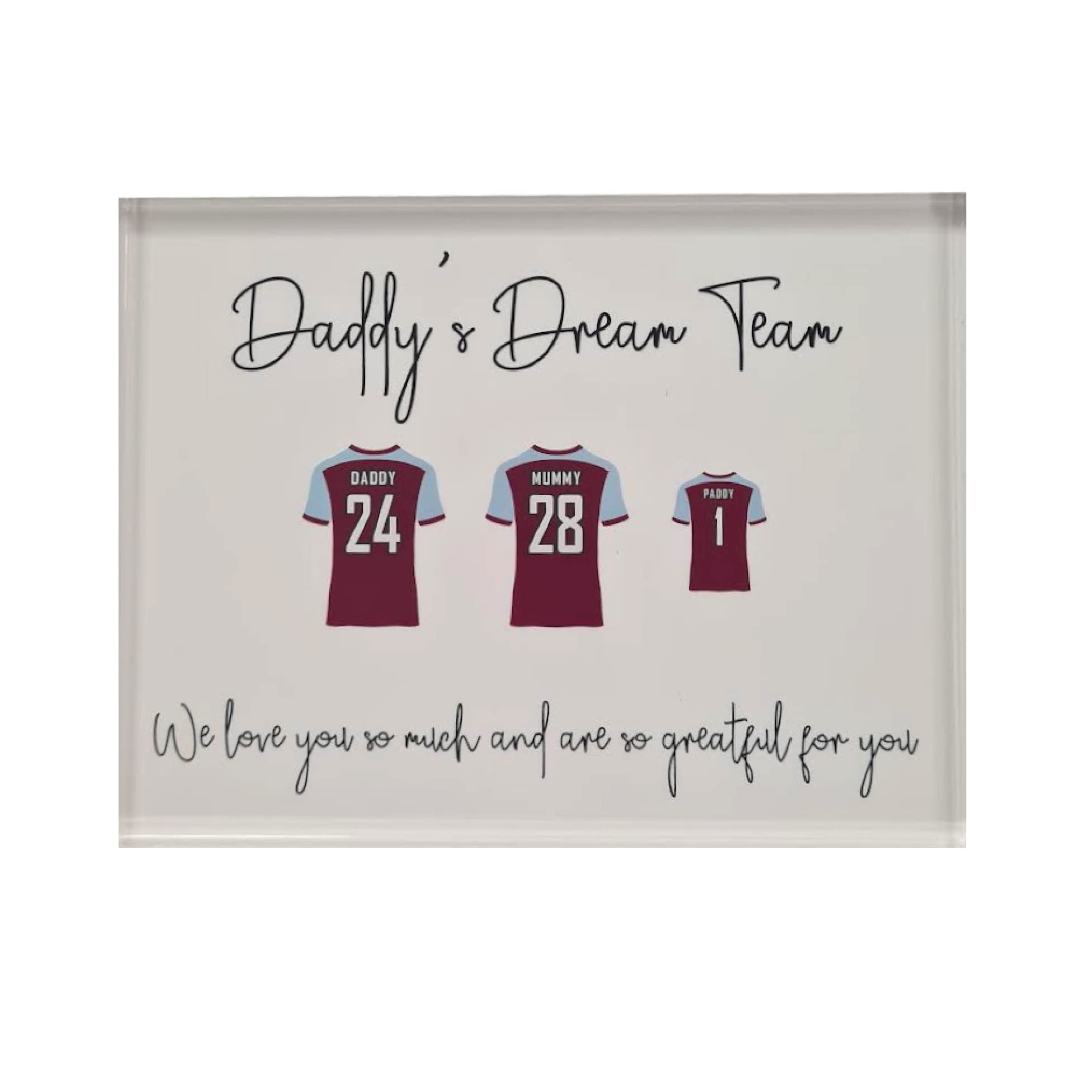 Personalised Football Team Acrylic Block - Freestanding Family Shirt Ornament
