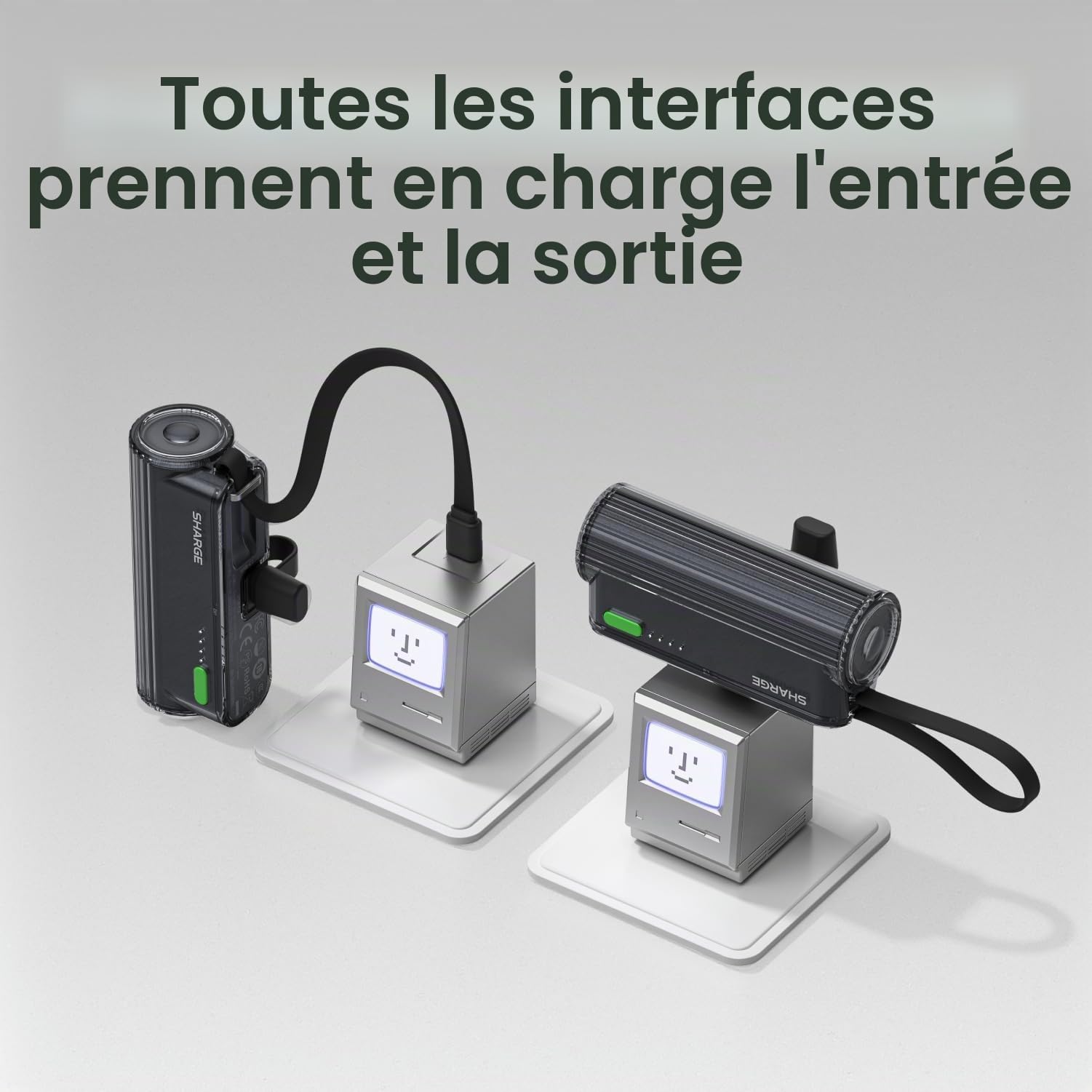 SHARGE Flow Mini 2 Power Bank 22.5w Max, Kleine Powerbank für Unterwegs, Schnelllade-Akkupack mit Lightning- und USB-C-Anschluss, Tragbares Ladegerät mit Integriertem Kabel für iPhone 16/15/14, Galaxy
