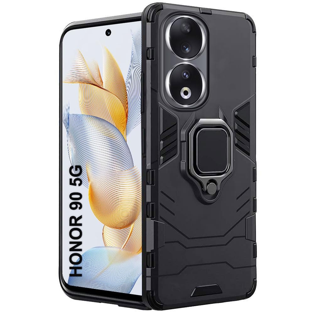 TheGiftKart TPU+PC Tough Armor Bumper Back Case Cover For Honor 90 5G | Ring Holder & Kickstand In-Built | 360 Degree Protection Back Case Cover For Honor 90 5G , Black