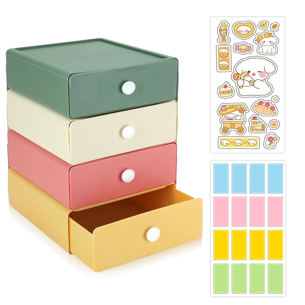 4 PCS Escritorio Cajonera Armario Interior, Cajonera Plastico Apilable con 4 Cajones, Organizador Cajones Cocina con 2 Pestañas para Oficina Material de Papelería, Dormitorio, Baño （4 Cajones）
