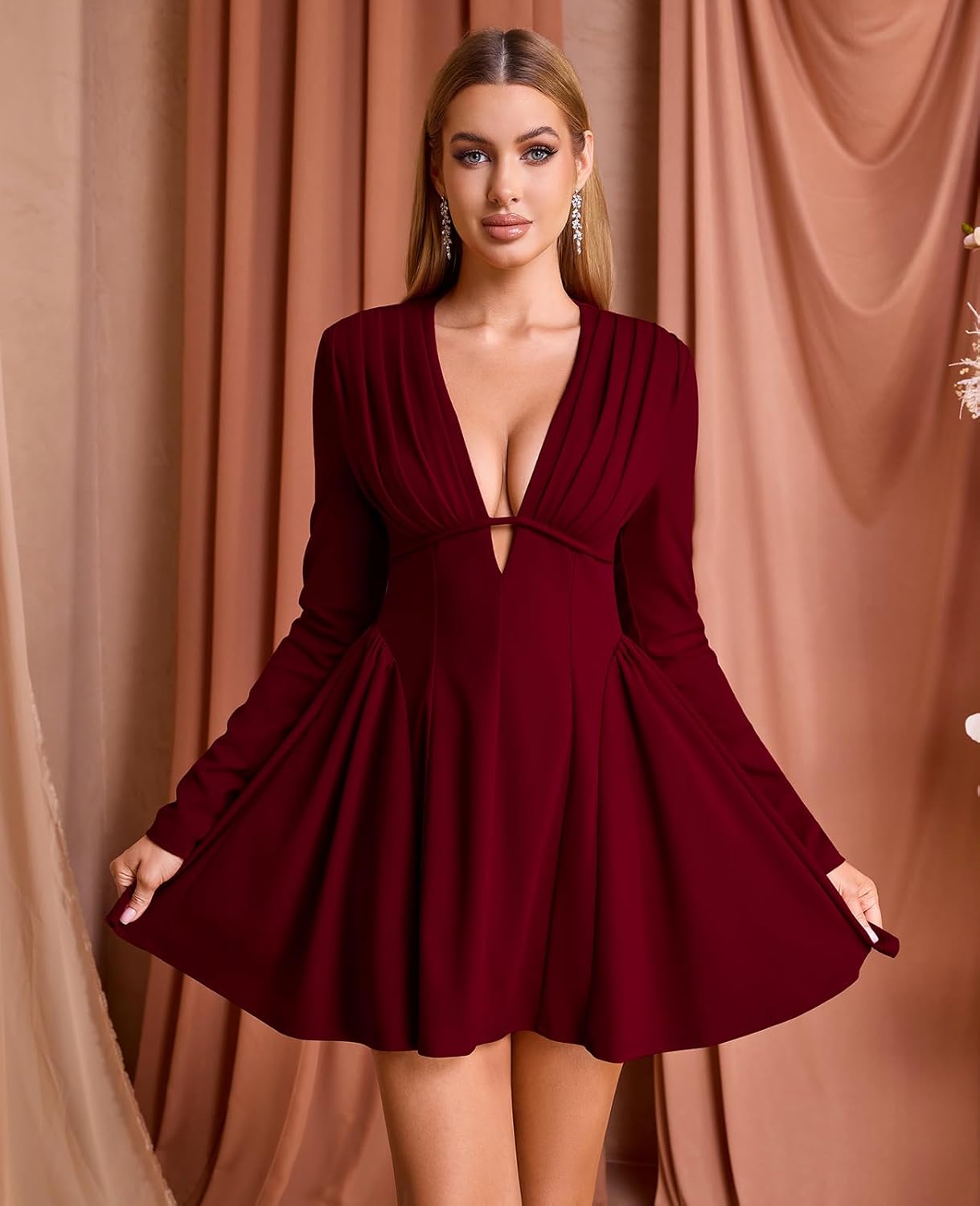 XinFSh Women's Sexy Fall Long Sleeve Mini Dress V Neck A-Line Corset Short Party Cocktail Dresses - Image 3