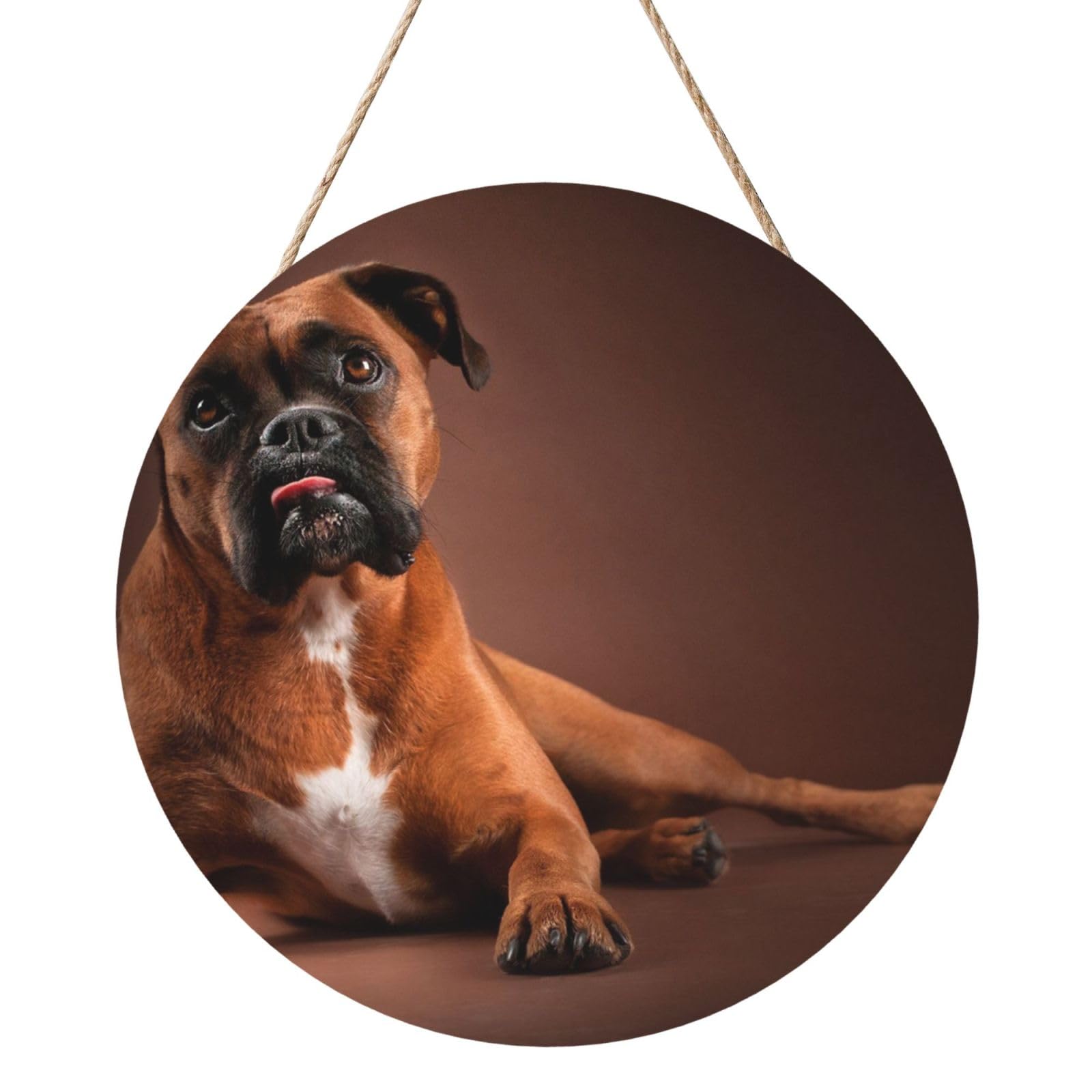 InOmak Cool Lying Boxer Dog, Round Wood Panel Painting 12 in, Wall Hanging Painting For Home