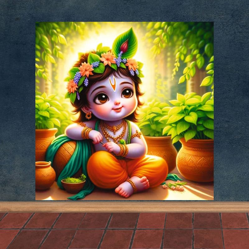 Image of British Terminal Cute little Bal Gopal Baby God Krishna| Kanha Ji | Laddu Lord Makhan Chor Painting Religious Poster for Pregnant Women for wall (matt thin vinyl,sticker,multicolor,unframed)| bj92