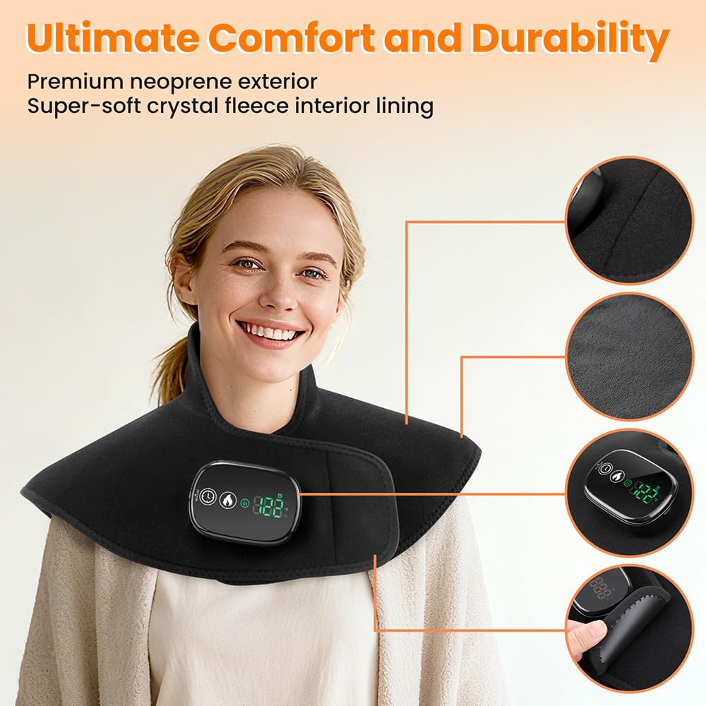 Cuscino termico senza fili per collo e spalle elettrico portatile | Con Comando TouchScreen, 5 Livelli Calore, 6 Timer, Batteria Incorporata Da 8,4V 4000mAh, Anche Per Schiena E L'addome