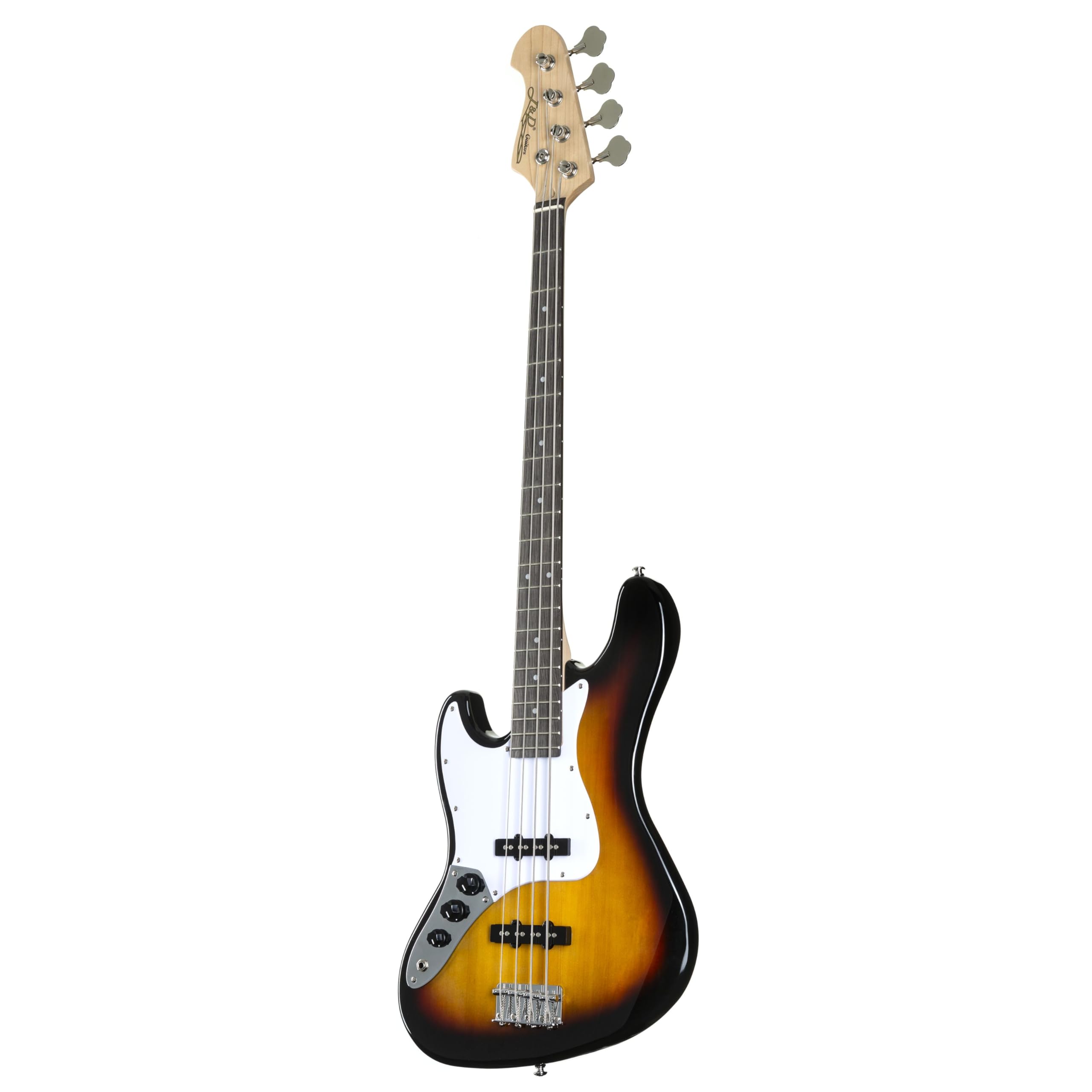 J & D JB E-Bass für Linkshänder, Bass mit Lindenkorpus und geschraubten Ahonhals in sunburst, Bassgitarre mit 2 Single Coils und Vintage-Style Bridge