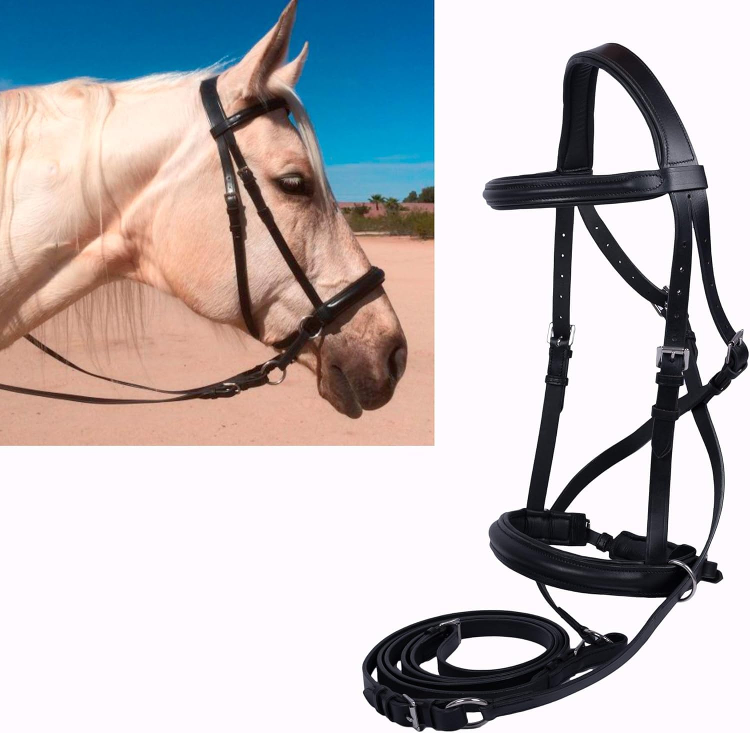 Wonder Care Genuine English Leather Crossover Crossunder Bitless Bridle for Horse Headstall with Reins, Black, Xtra-Large - Image 3