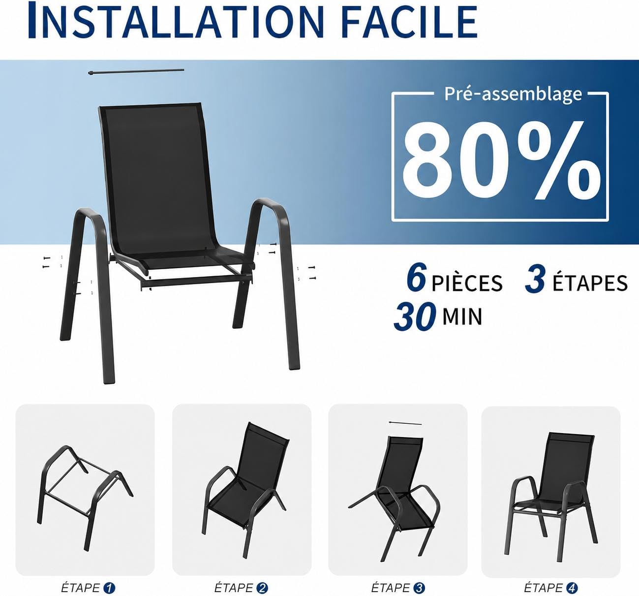 Lot de 4 chaises de Patio empilables avec accoudoirs - Noir