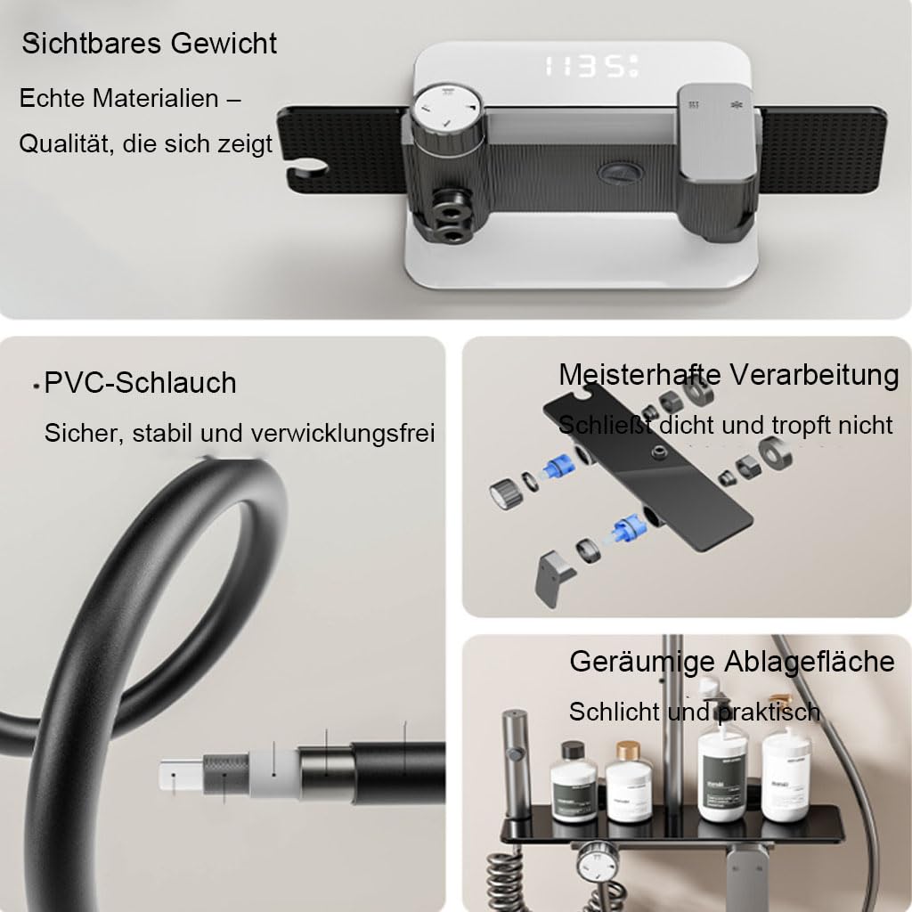 Saliscendi Doccia con soffione Grigio Metallizzato 4 funzioni | Saliscendi doccia grigio metallizzato,soffione 285mm,4 modalità pulsanti,ripiano portaoggetti,asta regolabile